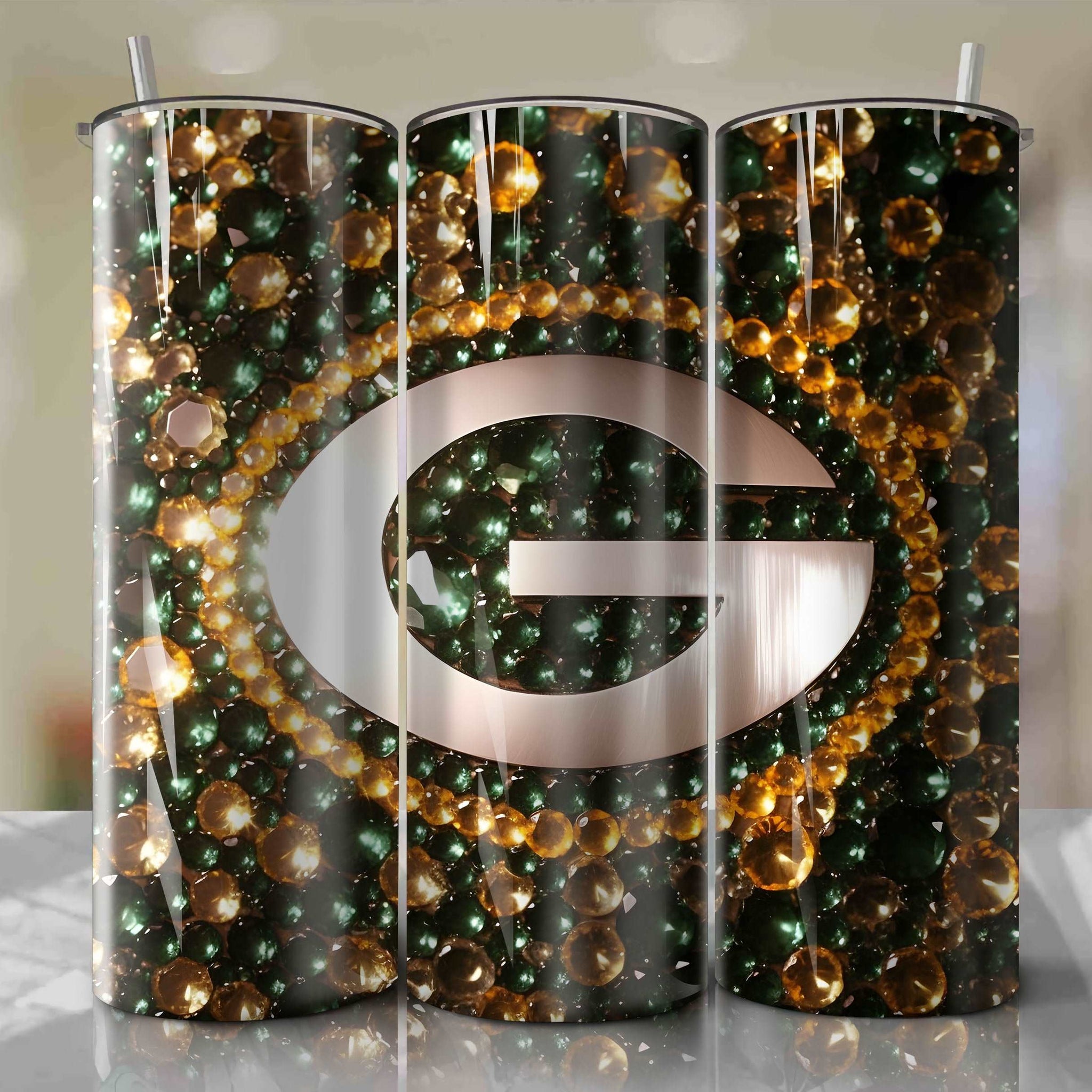 Green Bay Packers Football Logo | 3D Bling | Wrap PNG Skinny Tumbler 20oz | Sublimation | Digital Download