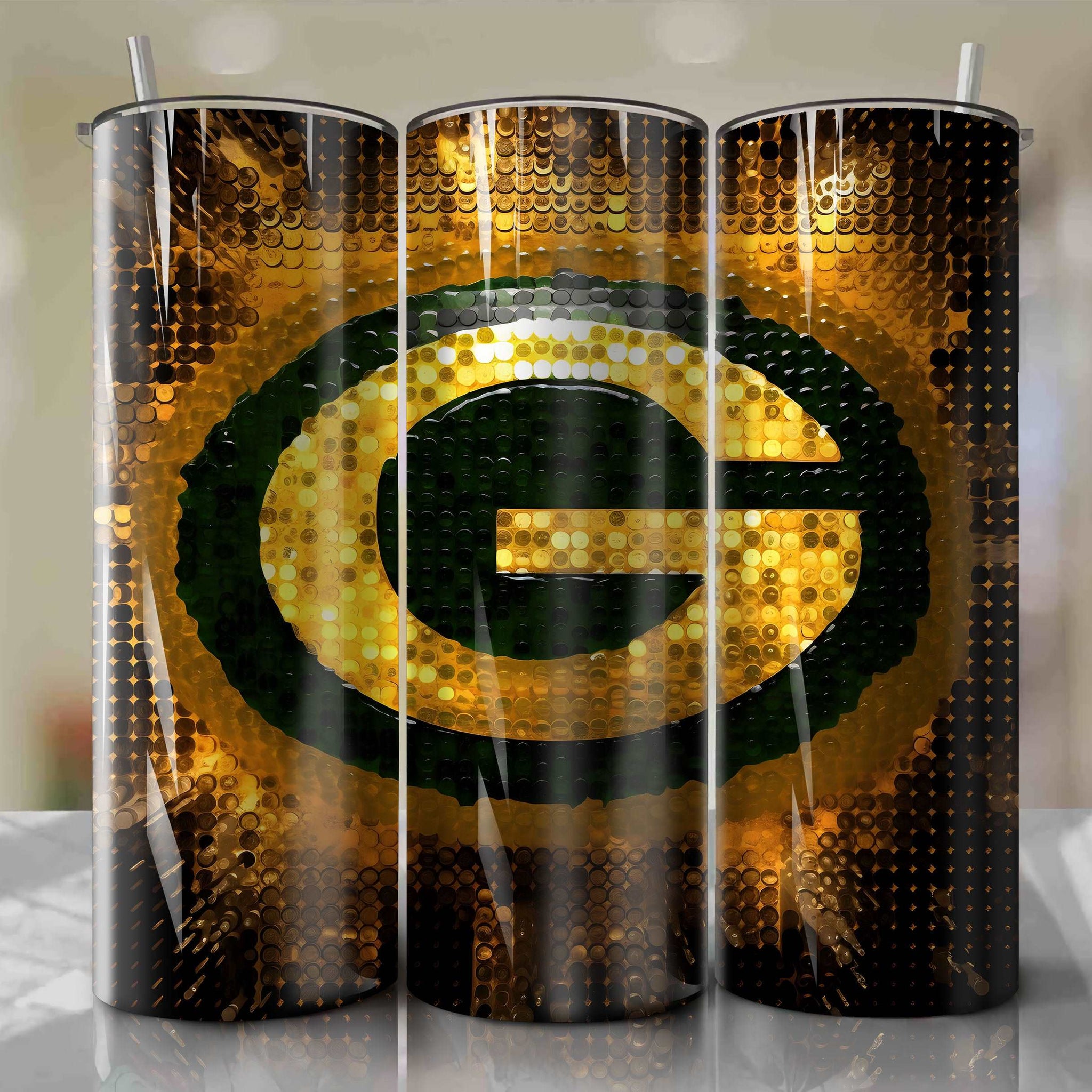 Green Bay Packers Football Logo | 3D Bling | Wrap PNG Skinny Tumbler 20oz | Sublimation | Digital Download