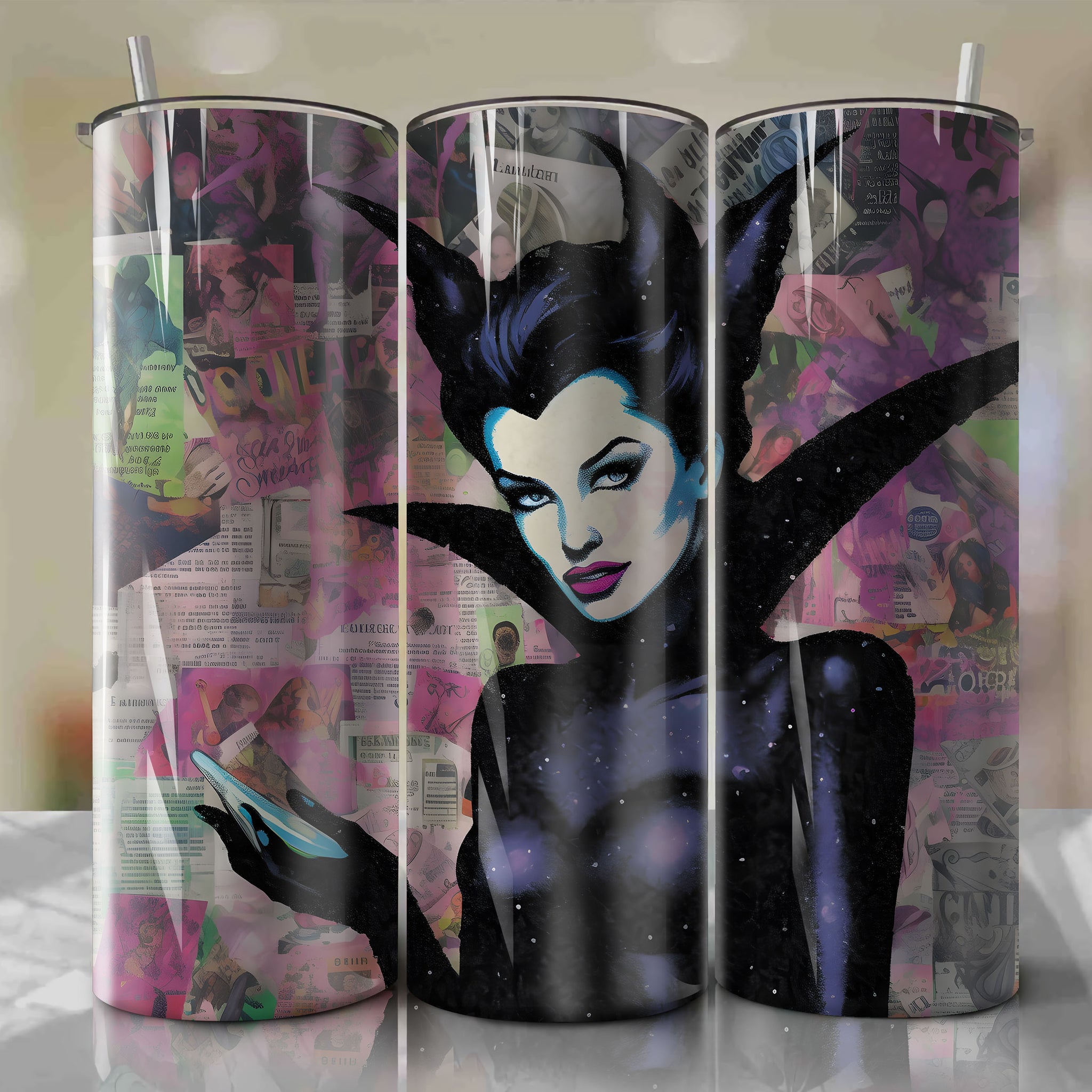 Maleficent cartoon | Newspaper | Wrap PNG Skinny Tumbler 20oz | Sublimation | Digital Download