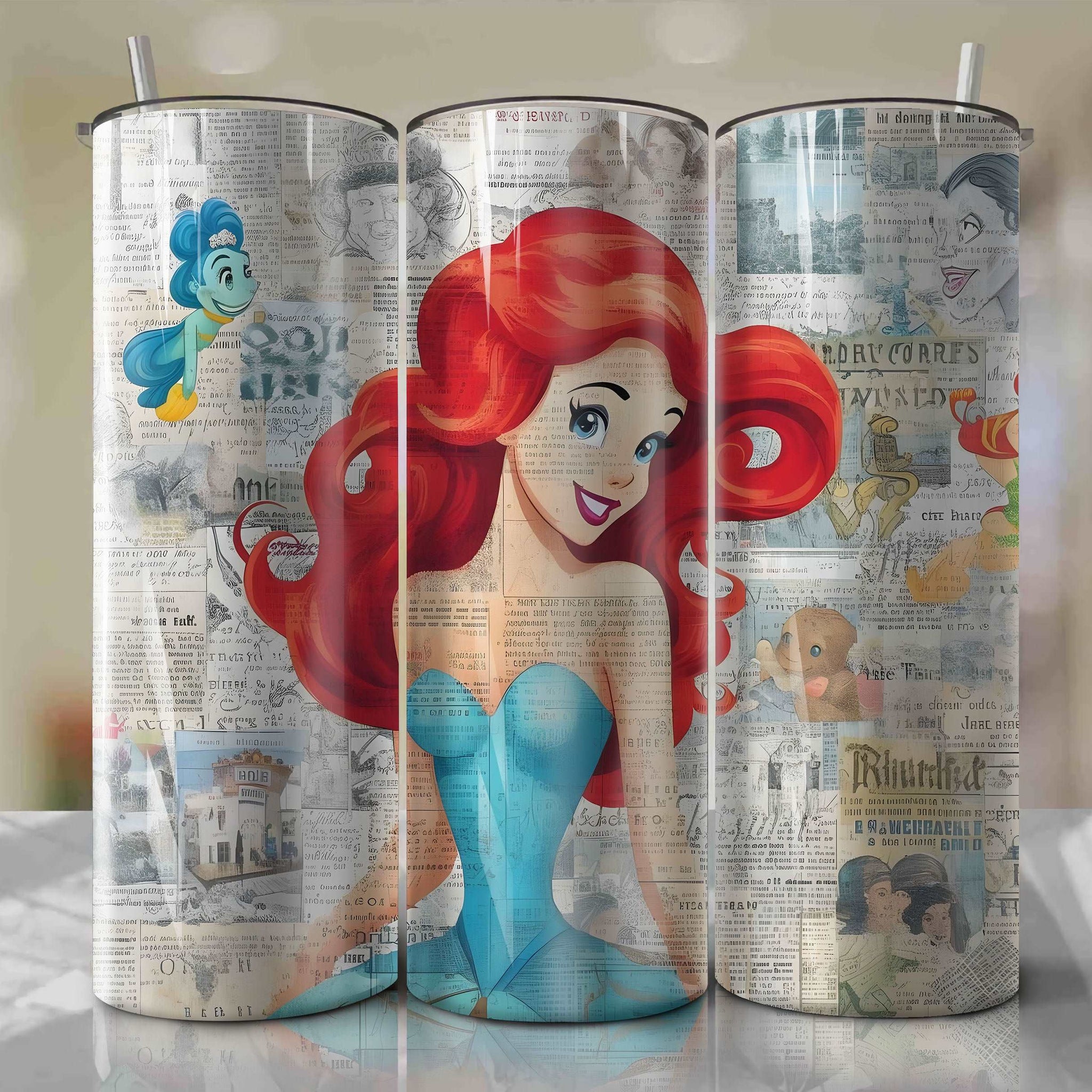 Ariel cartoon | Newspaper | Wrap PNG Skinny Tumbler 20oz | Sublimation | Digital Download