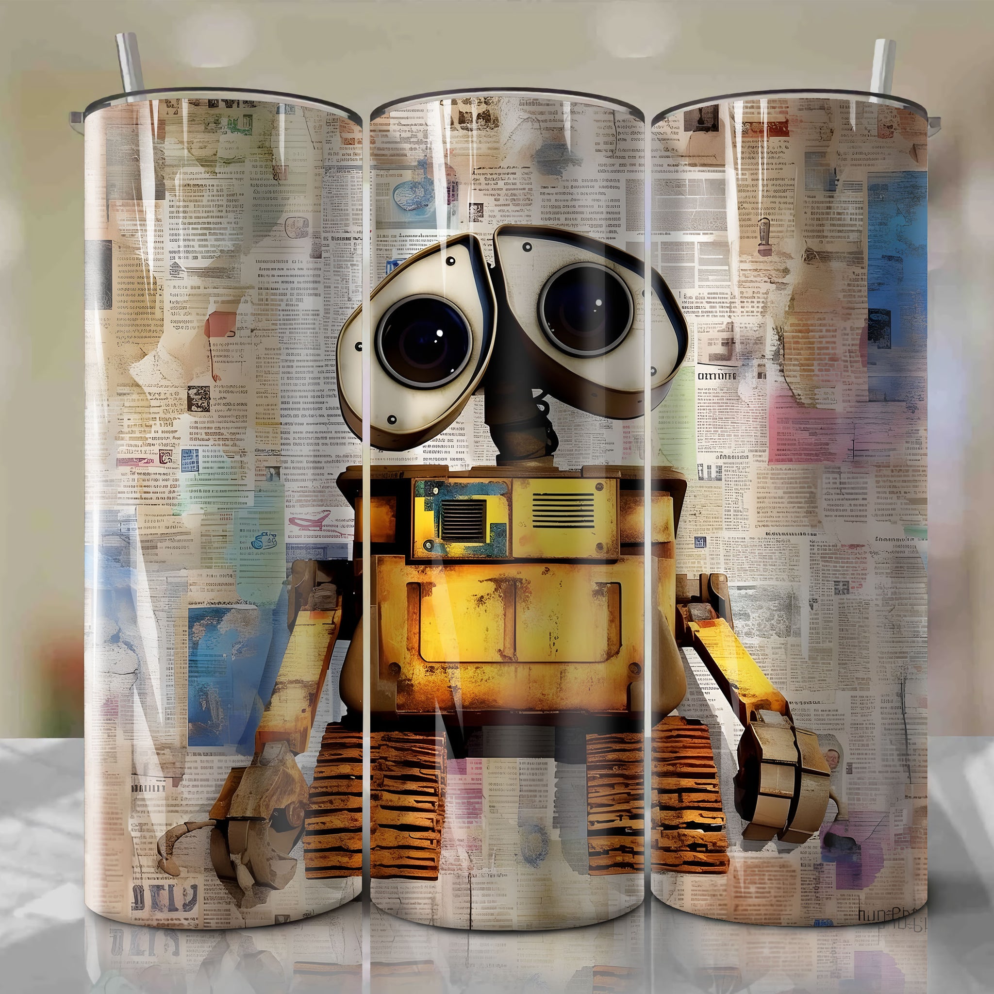 WALL-E cartoon | Newspaper | Wrap PNG Skinny Tumbler 20oz | Sublimation | Digital Download