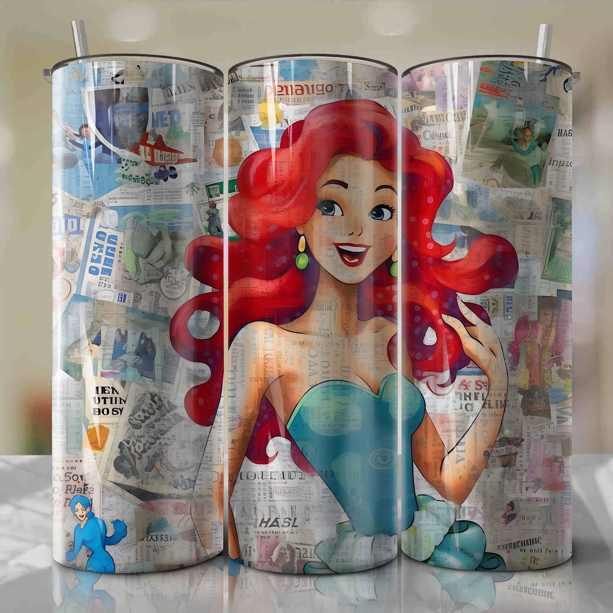 Ariel cartoon | Newspaper | Wrap PNG Skinny Tumbler 20oz | Sublimation | Digital Download