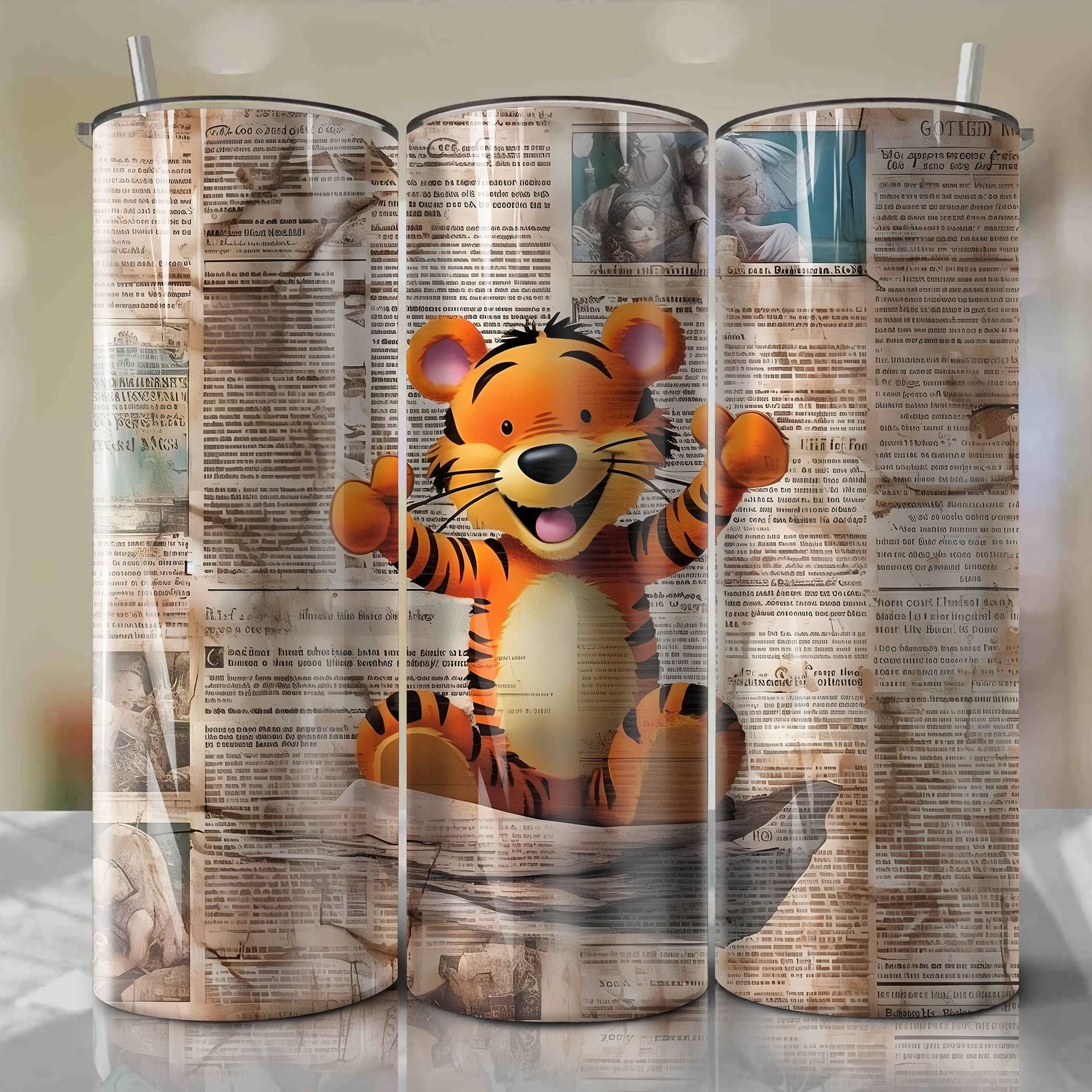 Tigger cartoon | Newspaper | Wrap PNG Skinny Tumbler 20oz | Sublimation | Digital Download