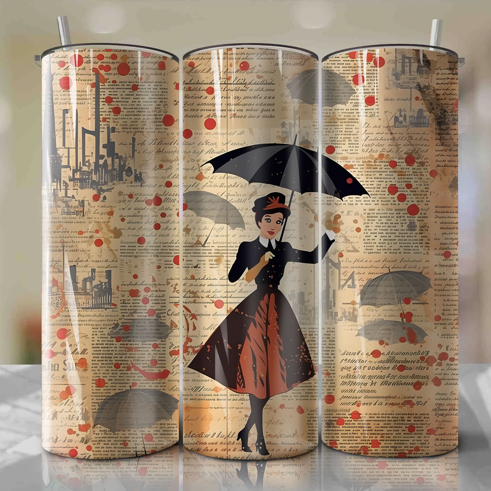 Mary Poppins cartoon | Newspaper | Wrap PNG Skinny Tumbler 20oz | Sublimation | Digital Download