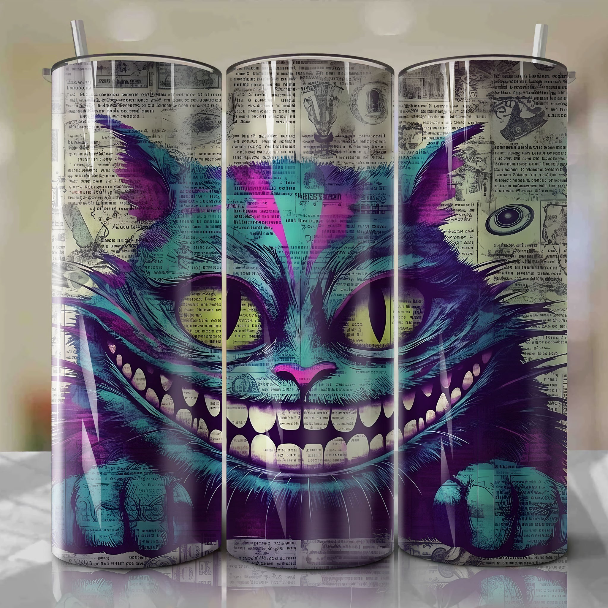 Cheshire Cat cartoon | Newspaper | Wrap PNG Skinny Tumbler 20oz | Sublimation | Digital Download