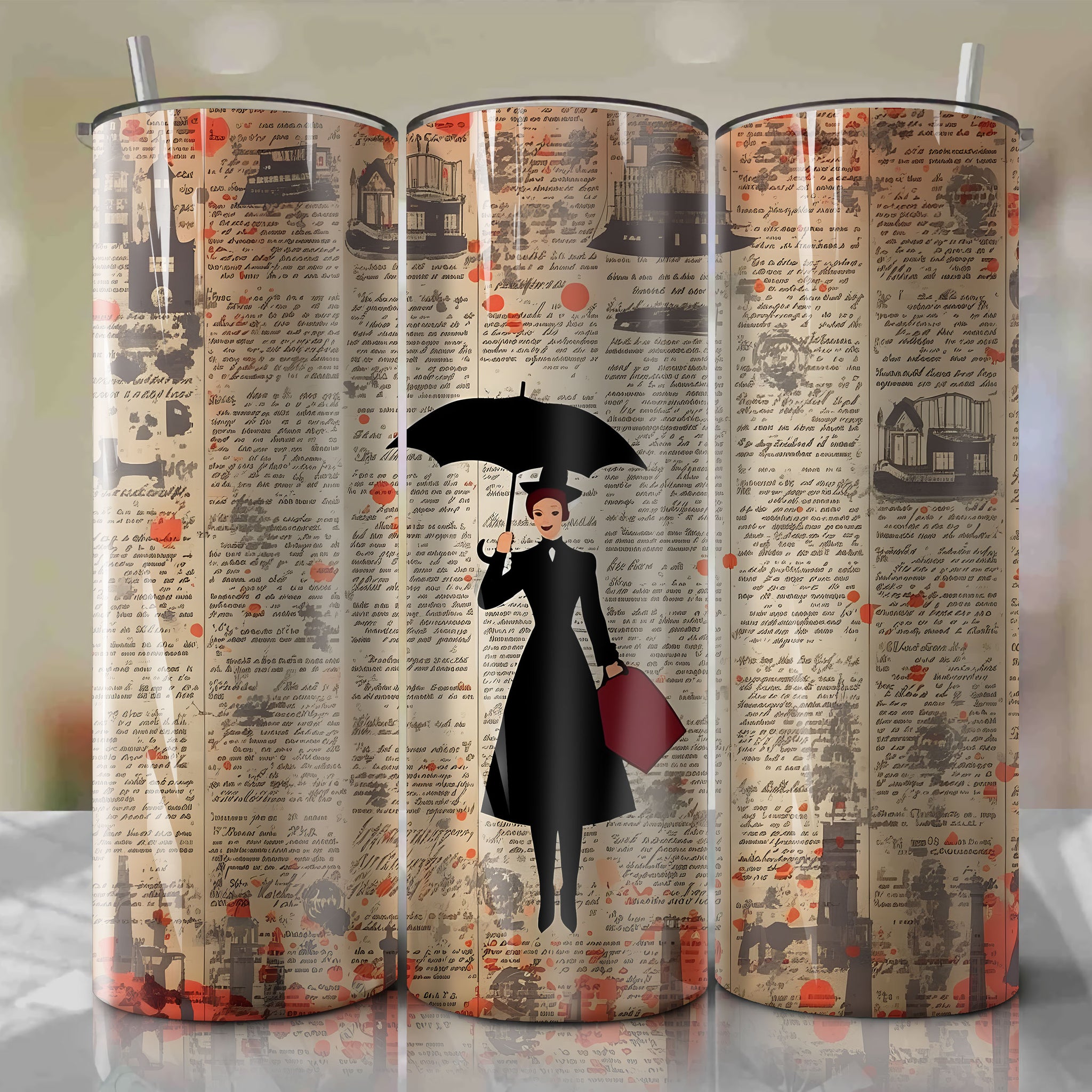 Mary Poppins cartoon | Newspaper | Wrap PNG Skinny Tumbler 20oz | Sublimation | Digital Download