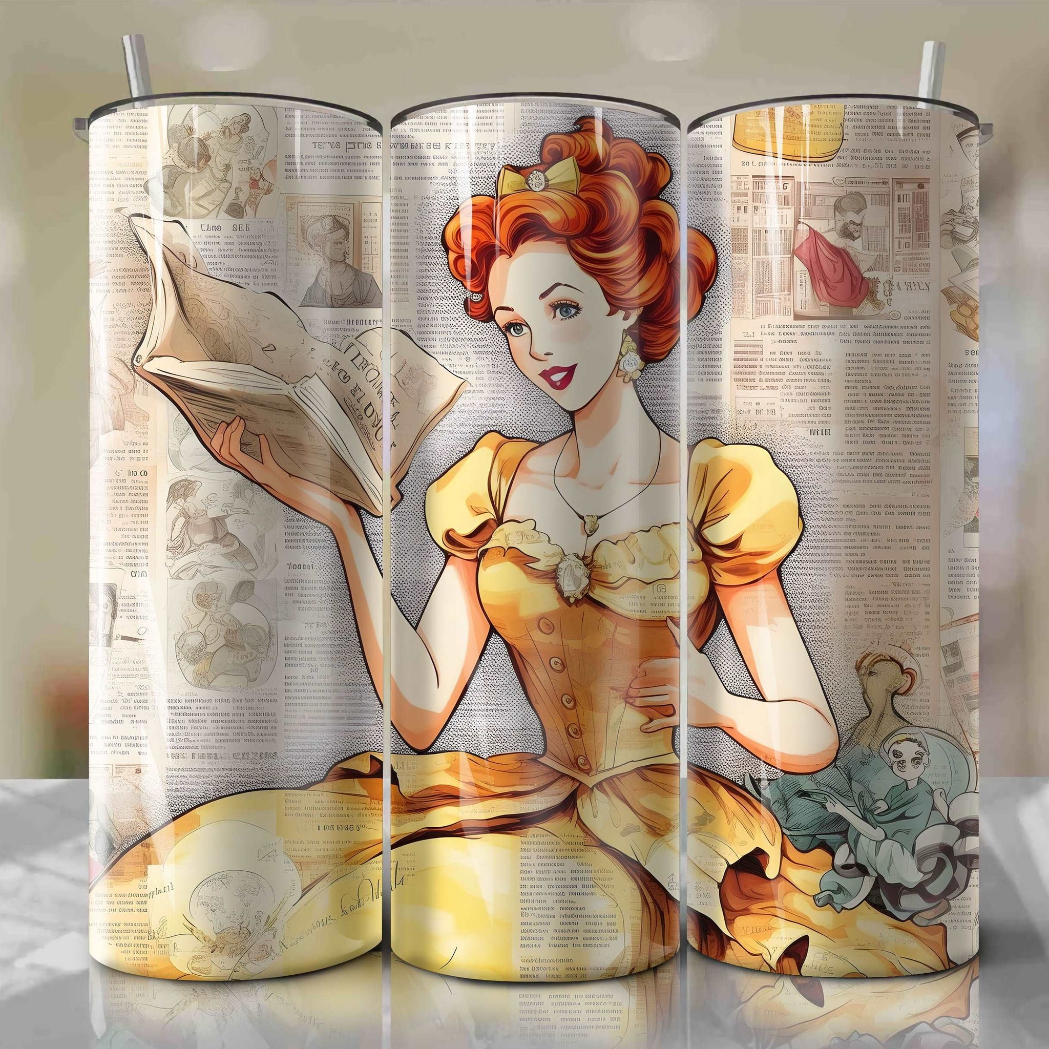 Belle cartoon | Newspaper | Wrap PNG Skinny Tumbler 20oz | Sublimation | Digital Download