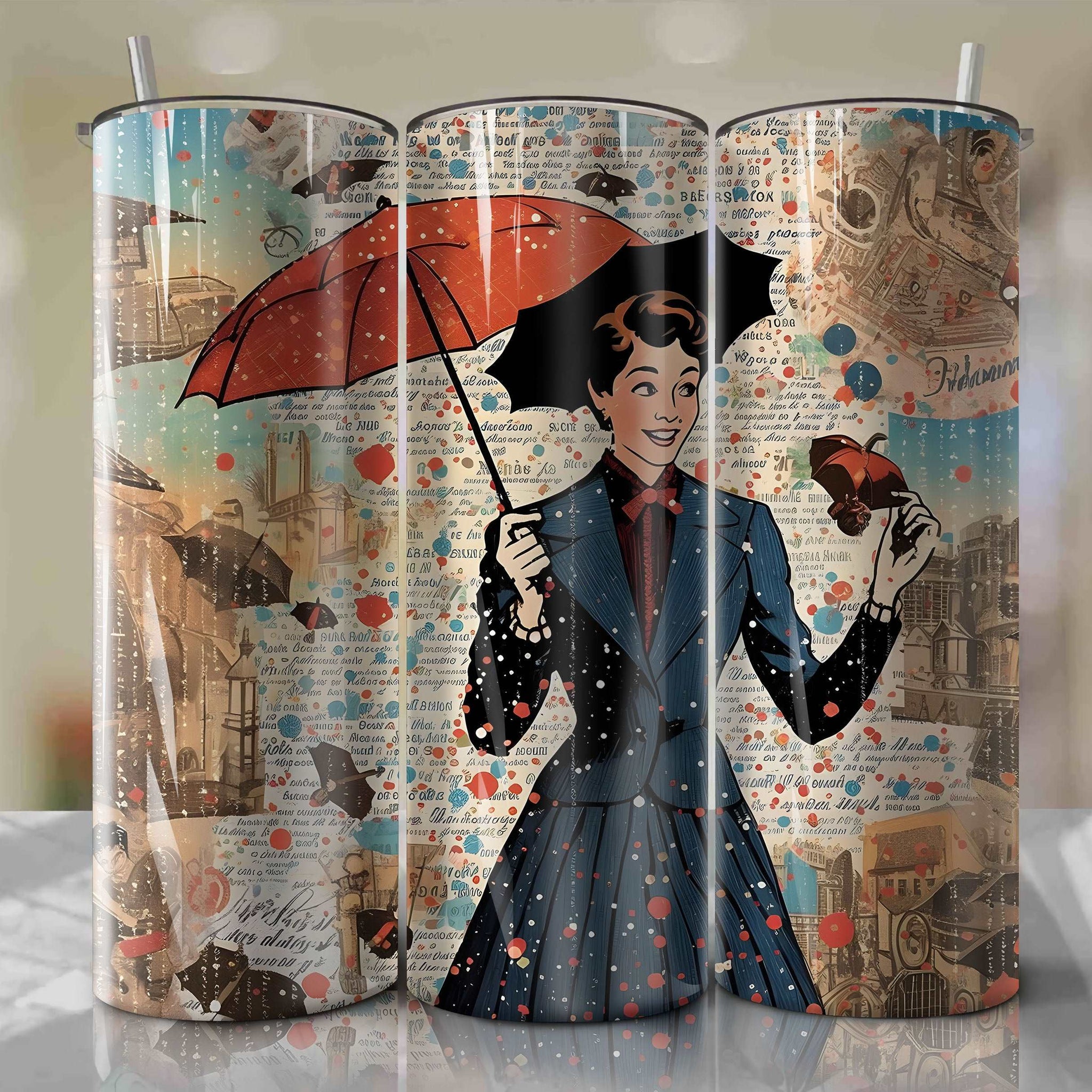 Mary Poppins cartoon | Newspaper | Wrap PNG Skinny Tumbler 20oz | Sublimation | Digital Download