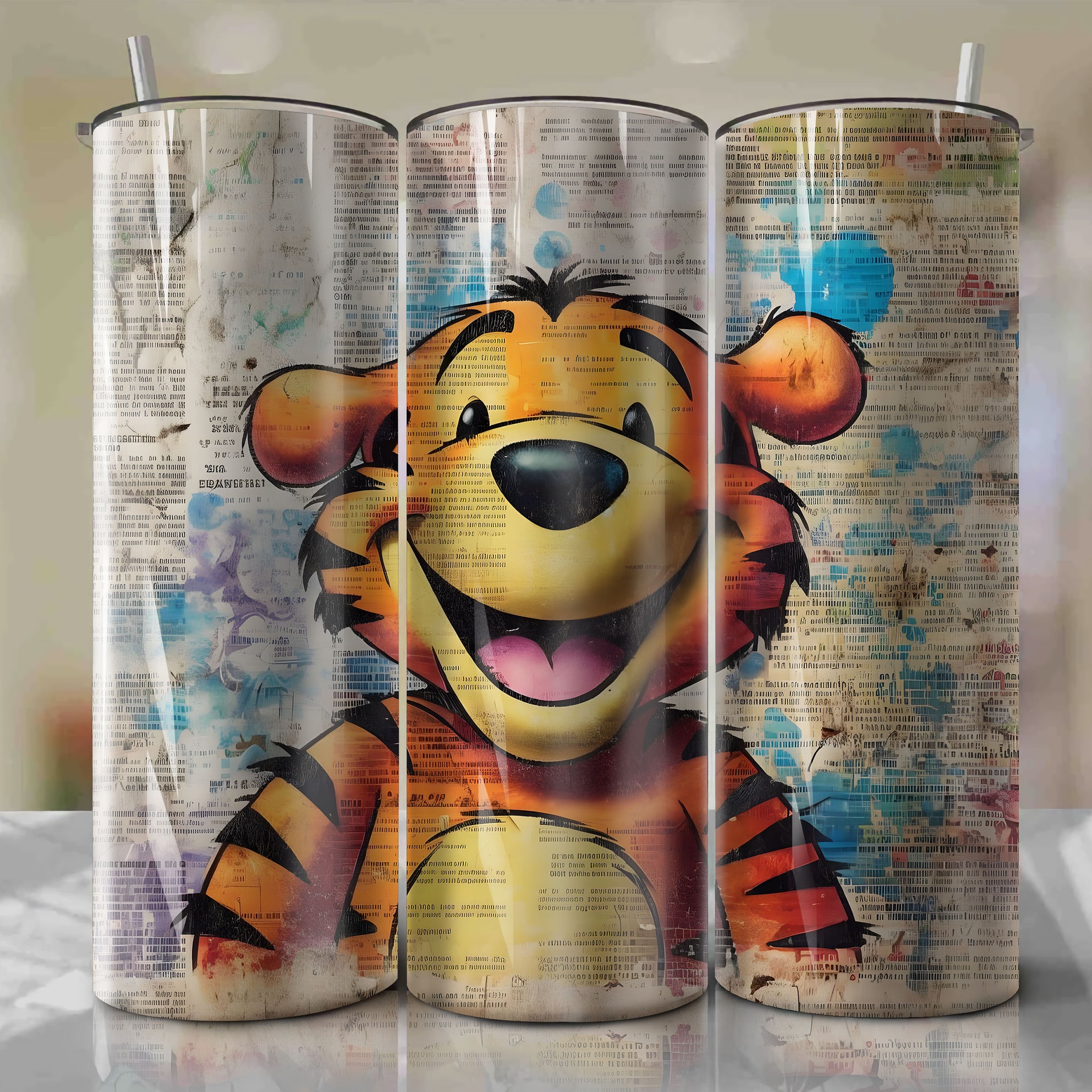 Tigger cartoon | Newspaper | Wrap PNG Skinny Tumbler 20oz | Sublimation | Digital Download