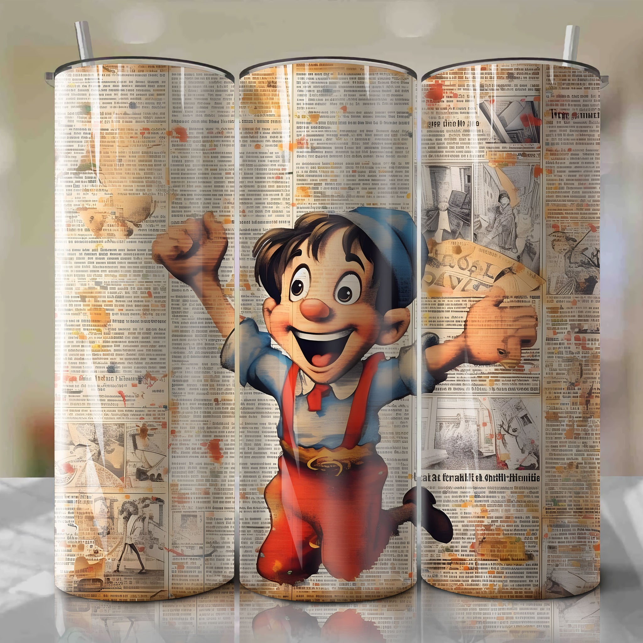 Pinocchio cartoon | Newspaper | Wrap PNG Skinny Tumbler 20oz | Sublimation | Digital Download