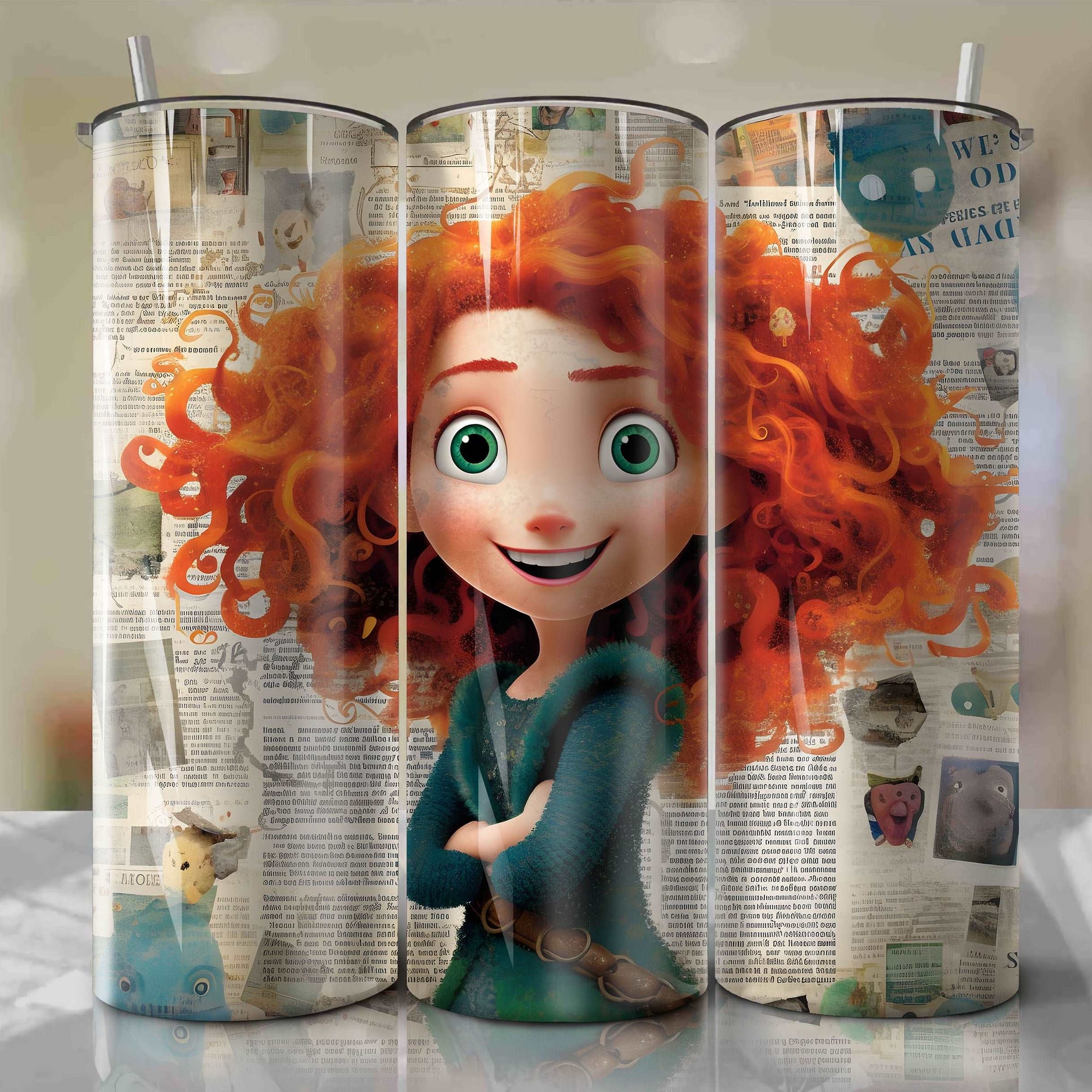 Merida cartoon | Newspaper | Wrap PNG Skinny Tumbler 20oz | Sublimation | Digital Download