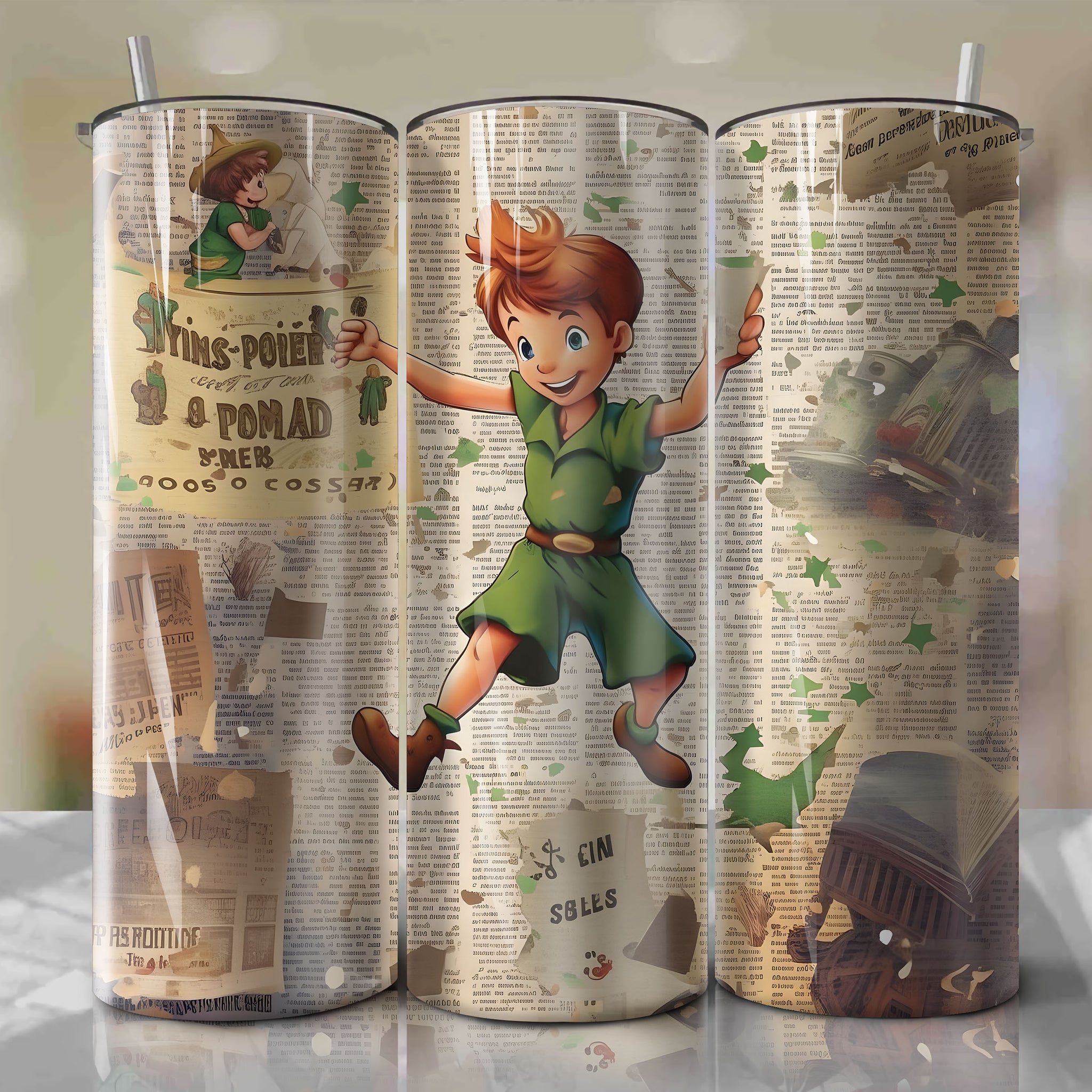 Peter Pan cartoon | Newspaper | Wrap PNG Skinny Tumbler 20oz | Sublimation | Digital Download