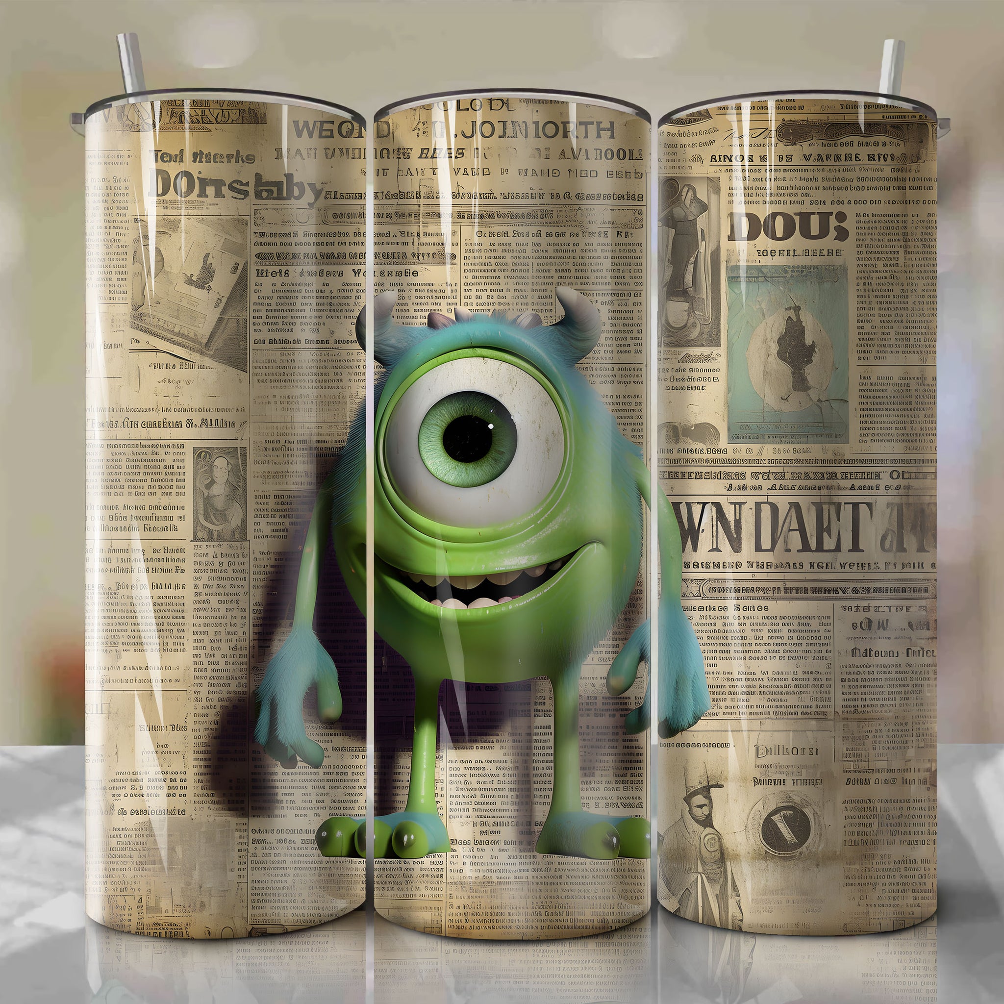 Mike Wazowski cartoon | Newspaper | Wrap PNG Skinny Tumbler 20oz | Sublimation | Digital Download