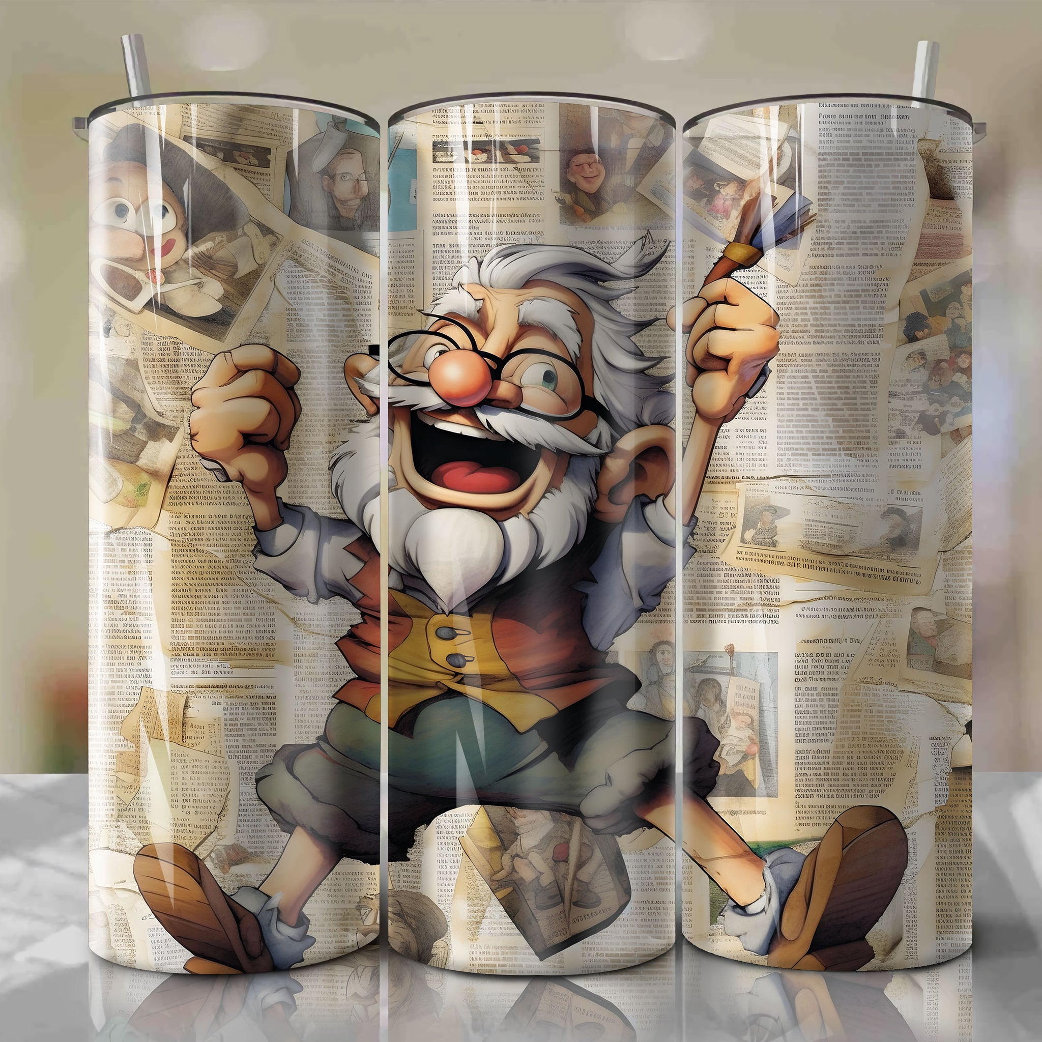 Geppetto cartoon | Newspaper | Wrap PNG Skinny Tumbler 20oz | Sublimation | Digital Download