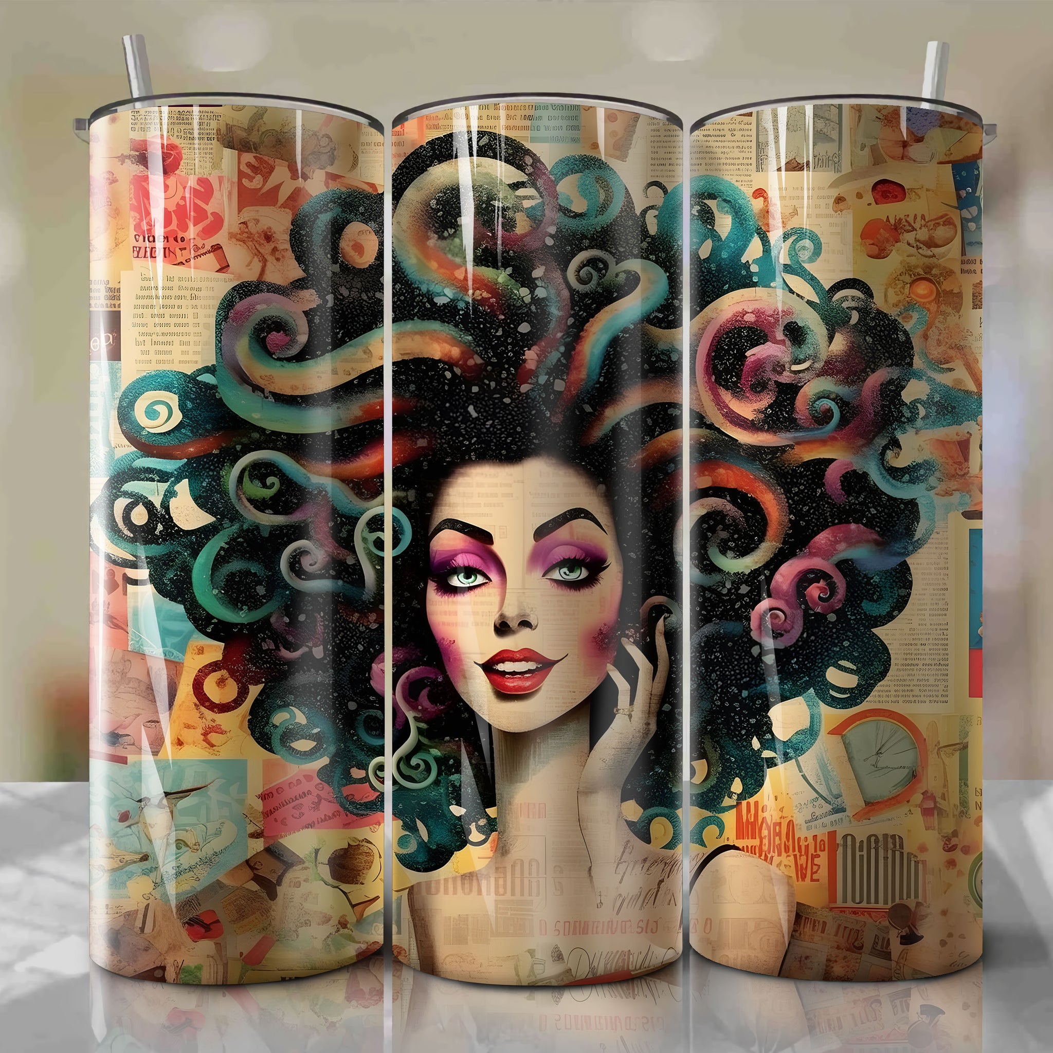 Madame Medusa cartoon | Newspaper | Wrap PNG Skinny Tumbler 20oz | Sublimation | Digital Download