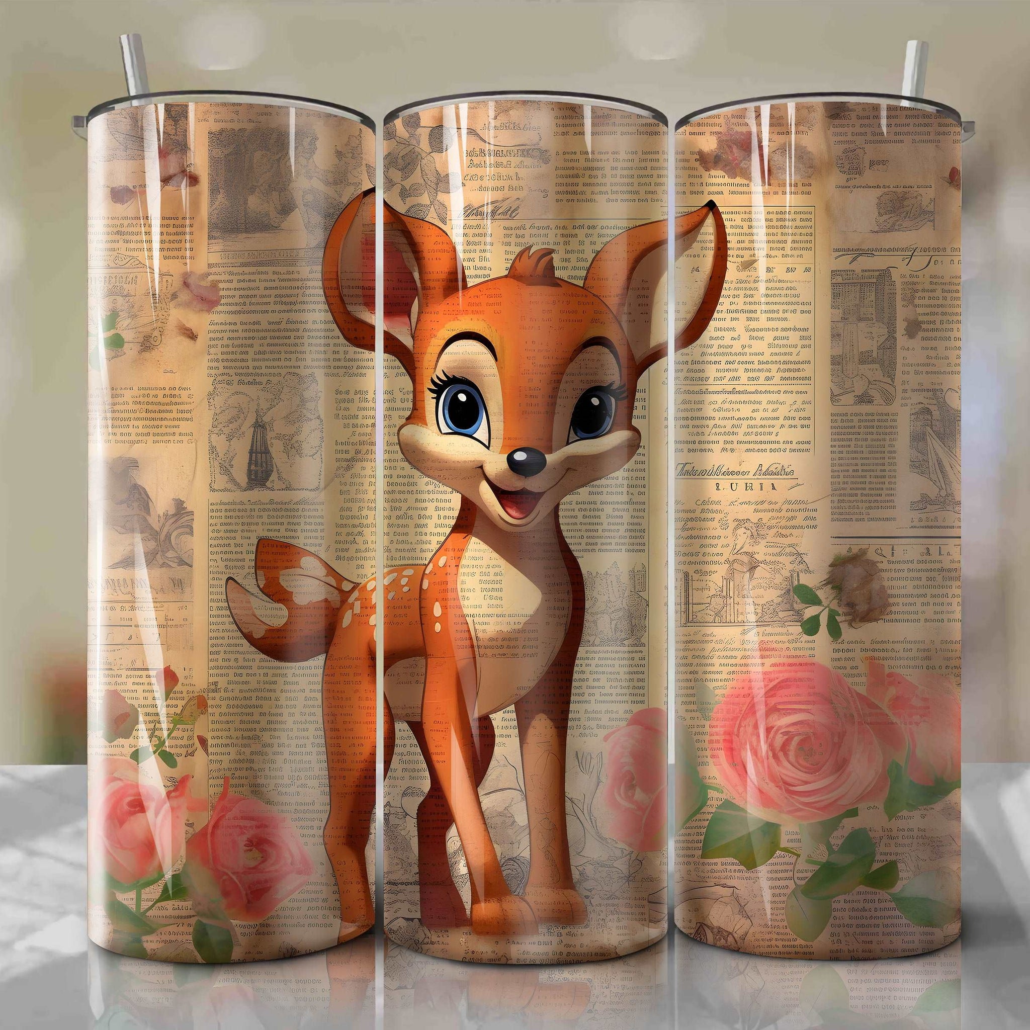 Bambi cartoon | Newspaper | Wrap PNG Skinny Tumbler 20oz | Sublimation | Digital Download