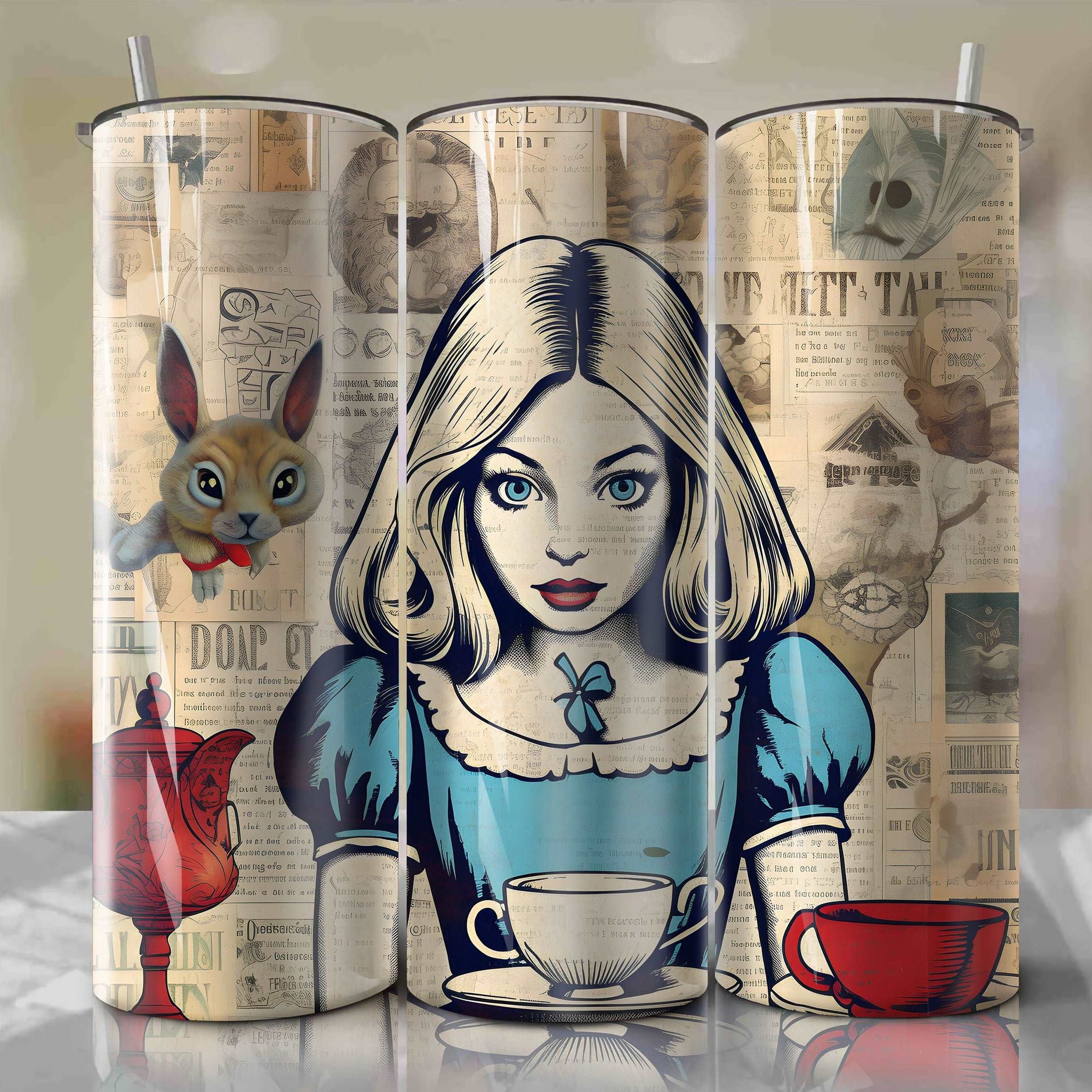 Alice cartoon | Newspaper | Wrap PNG Skinny Tumbler 20oz | Sublimation | Digital Download