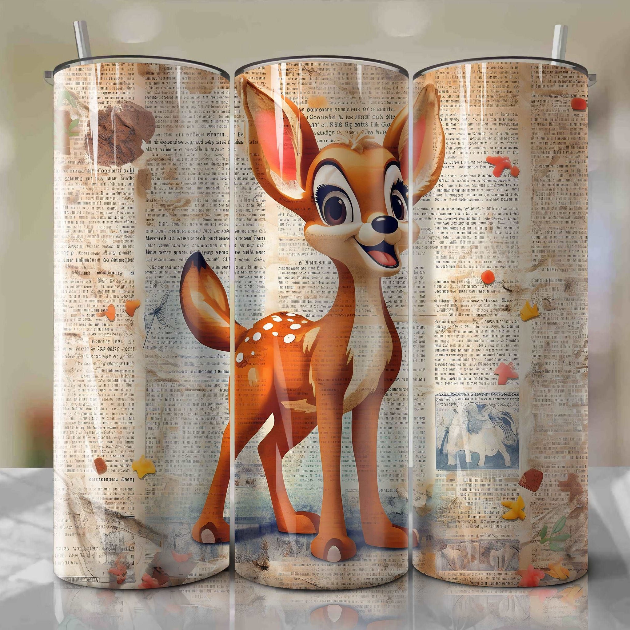 Bambi cartoon | Newspaper | Wrap PNG Skinny Tumbler 20oz | Sublimation | Digital Download