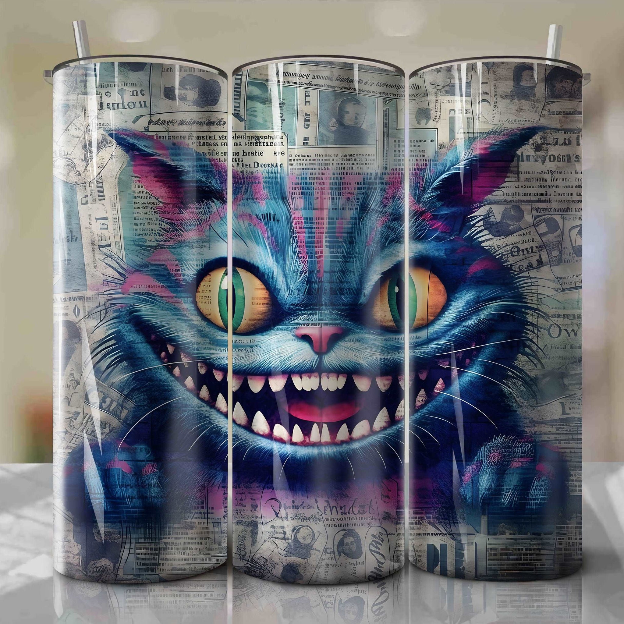 Cheshire Cat cartoon | Newspaper | Wrap PNG Skinny Tumbler 20oz | Sublimation | Digital Download