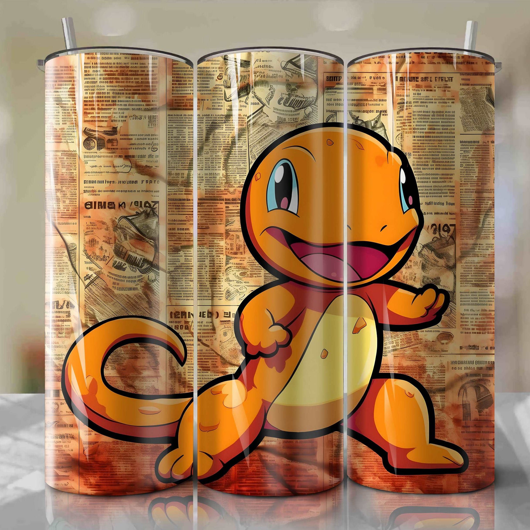 Charmander cartoon | Newspaper | Wrap PNG Skinny Tumbler 20oz | Sublimation | Digital Download