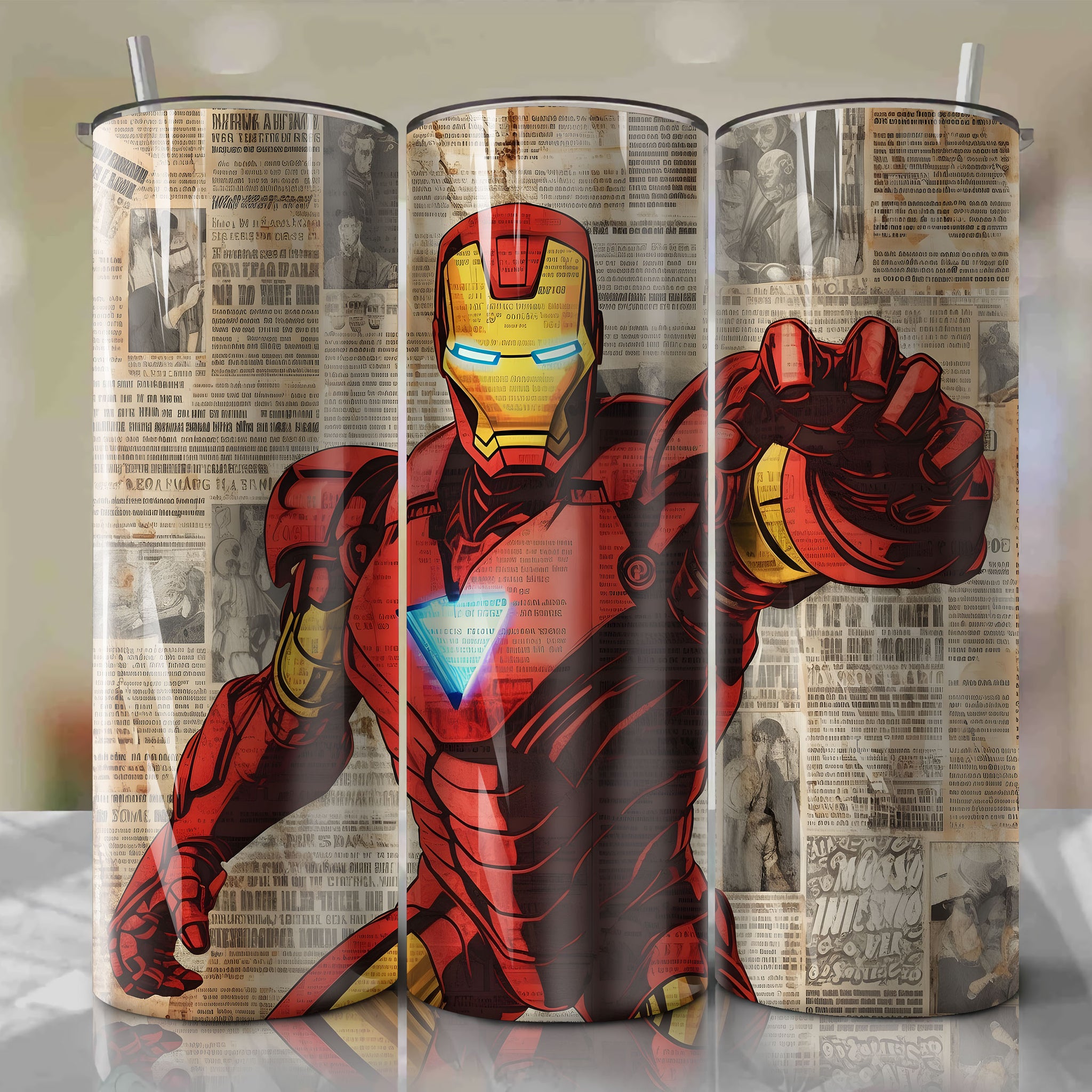 Iron Man cartoon | Newspaper | Wrap PNG Skinny Tumbler 20oz | Sublimation | Digital Download