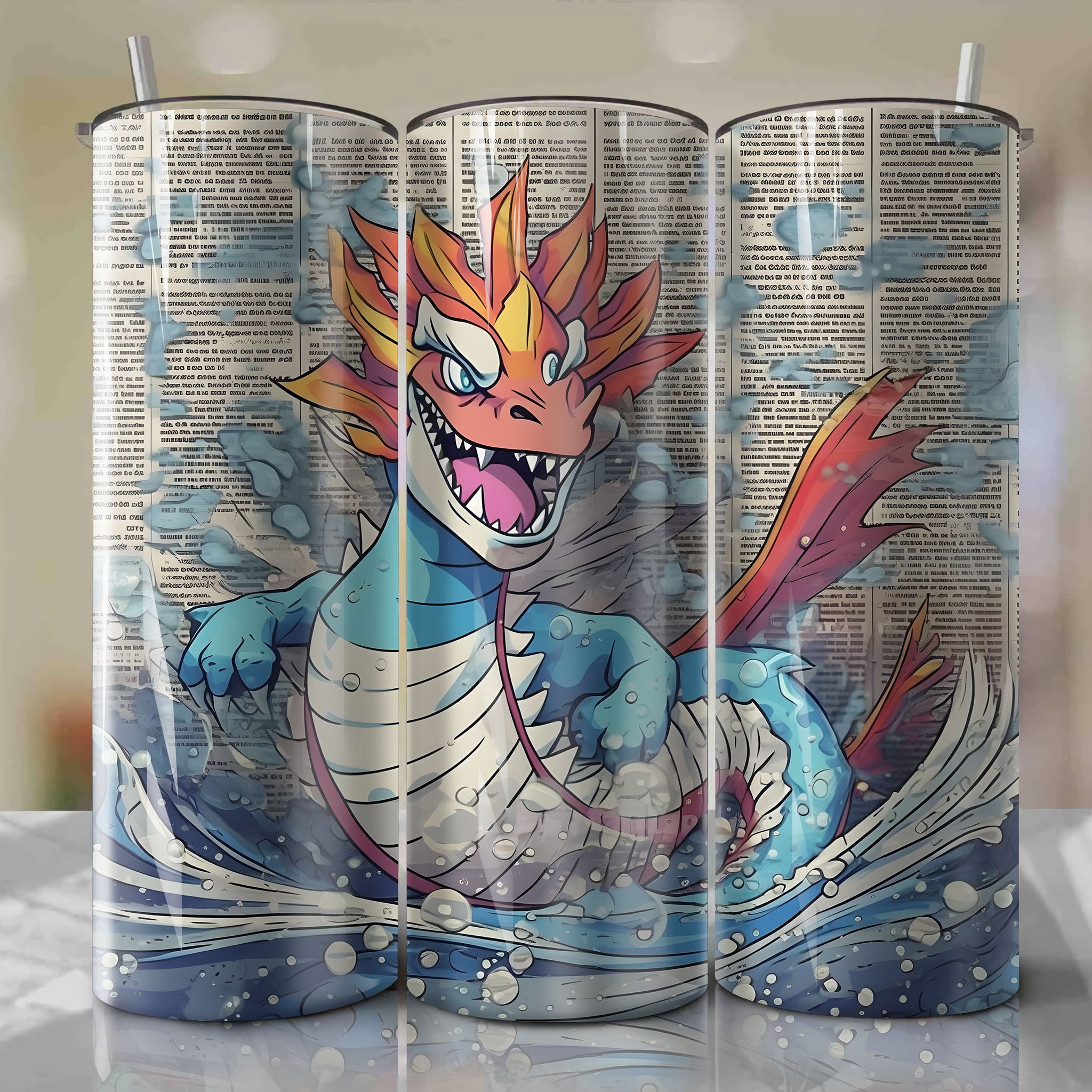 Gyarados cartoon | Newspaper | Wrap PNG Skinny Tumbler 20oz | Sublimation | Digital Download