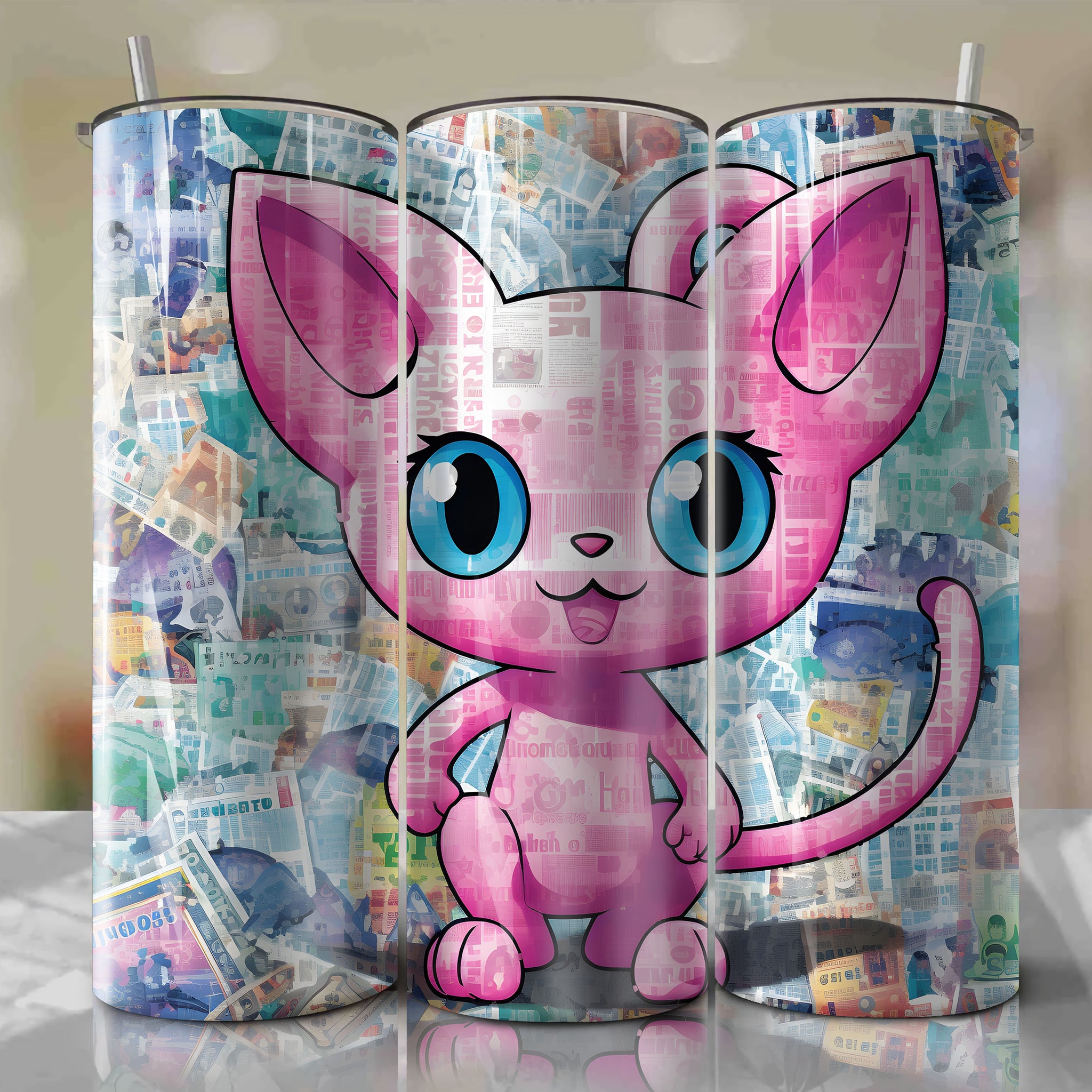 Mew cartoon | Newspaper | Wrap PNG Skinny Tumbler 20oz | Sublimation | Digital Download