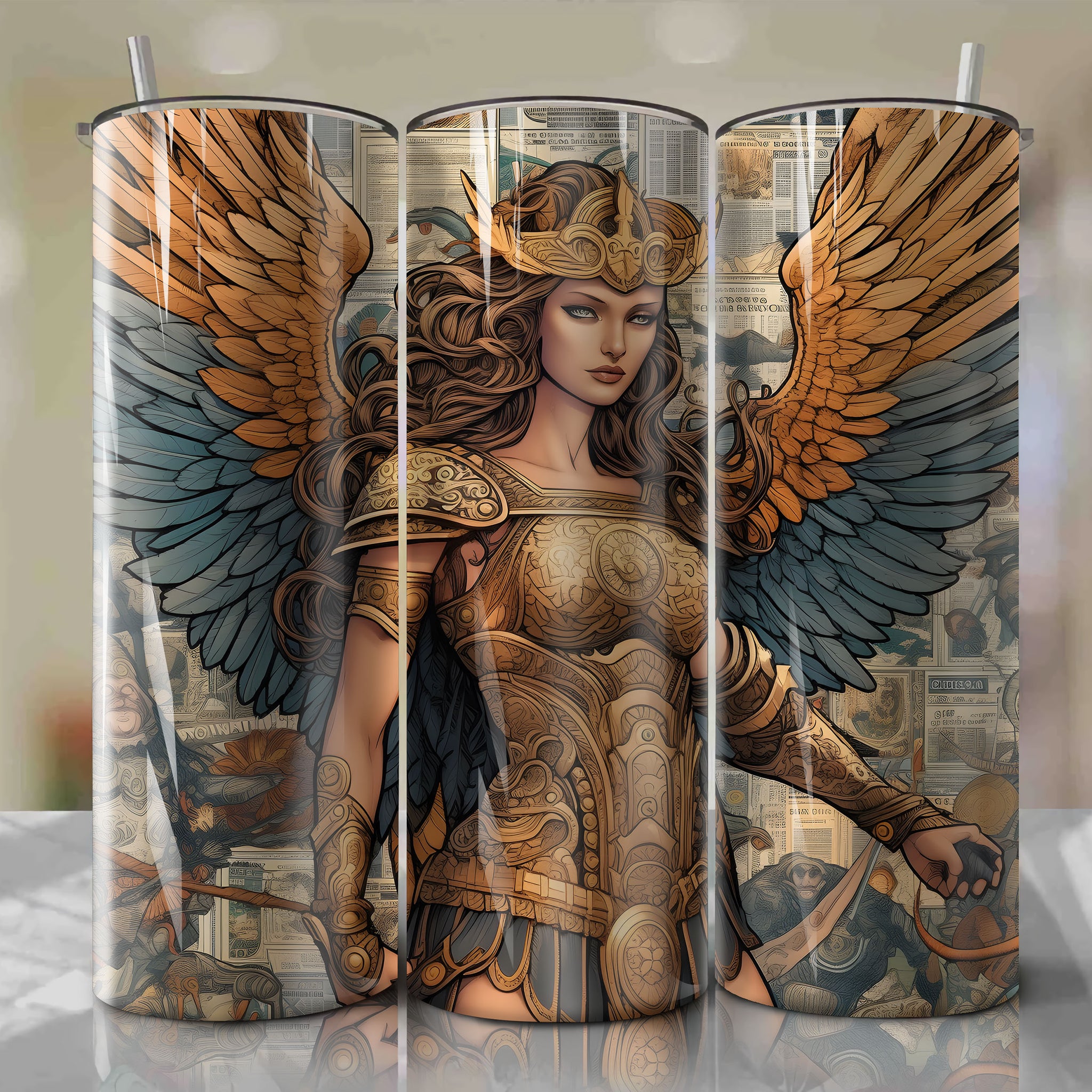 Valkyrie cartoon | Newspaper | Wrap PNG Skinny Tumbler 20oz | Sublimation | Digital Download