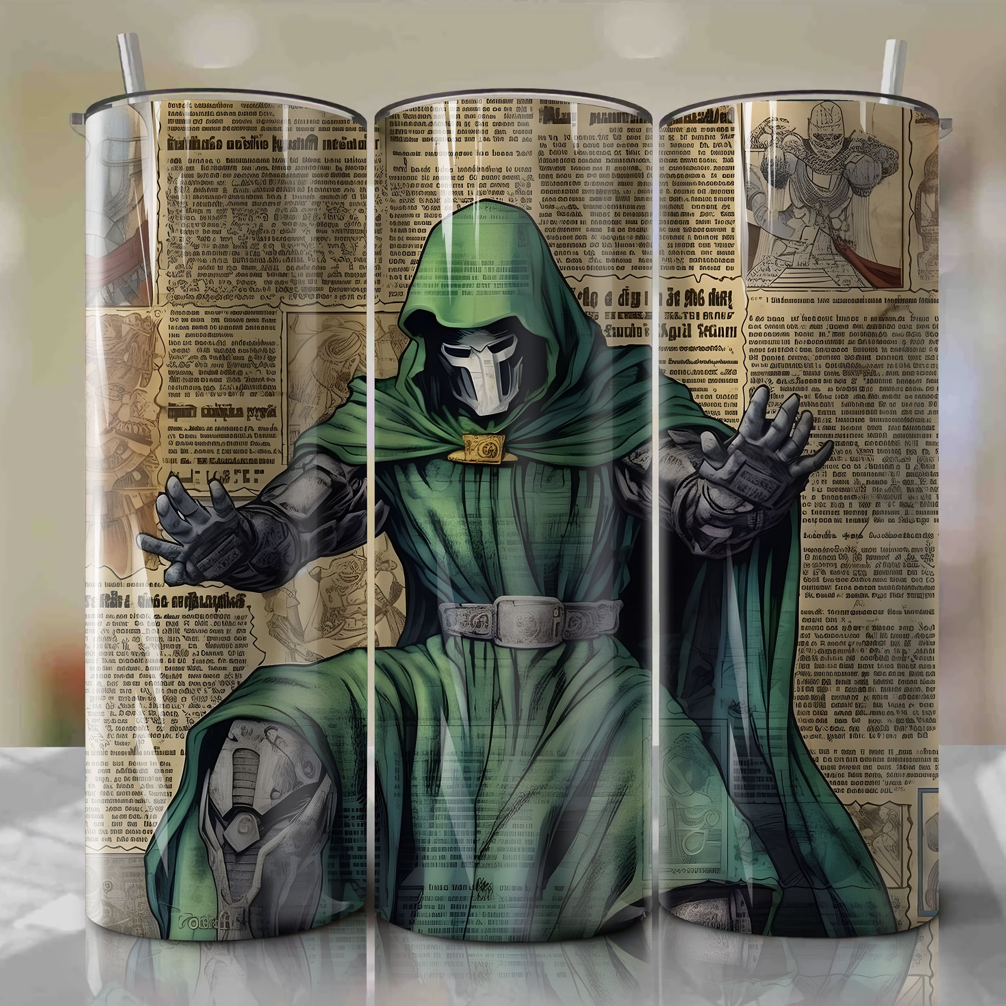 Doctor Doom cartoon | Newspaper | Wrap PNG Skinny Tumbler 20oz | Sublimation | Digital Download