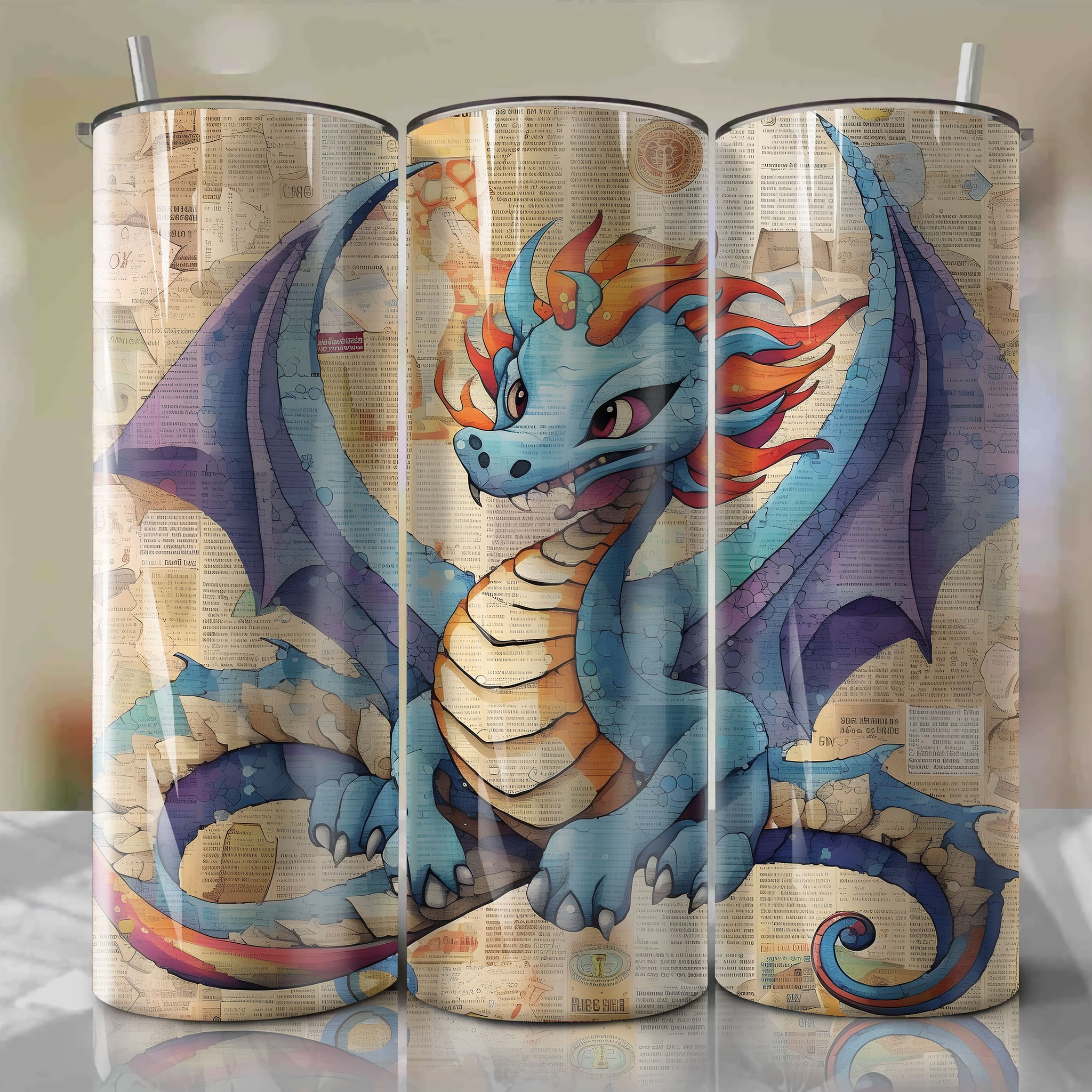 Dragonair cartoon | Newspaper | Wrap PNG Skinny Tumbler 20oz | Sublimation | Digital Download