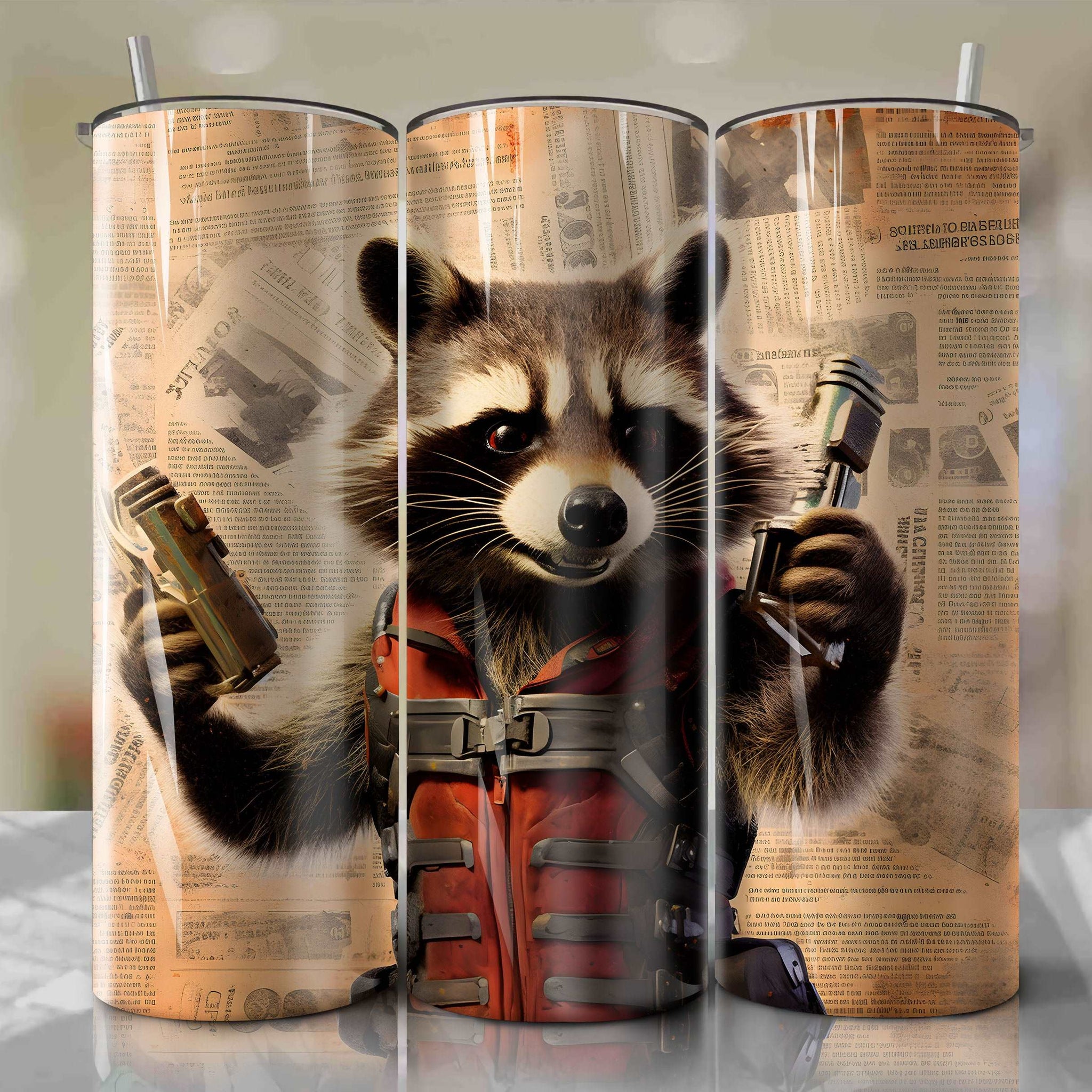 Rocket Raccoon cartoon | Newspaper | Wrap PNG Skinny Tumbler 20oz | Sublimation | Digital Download