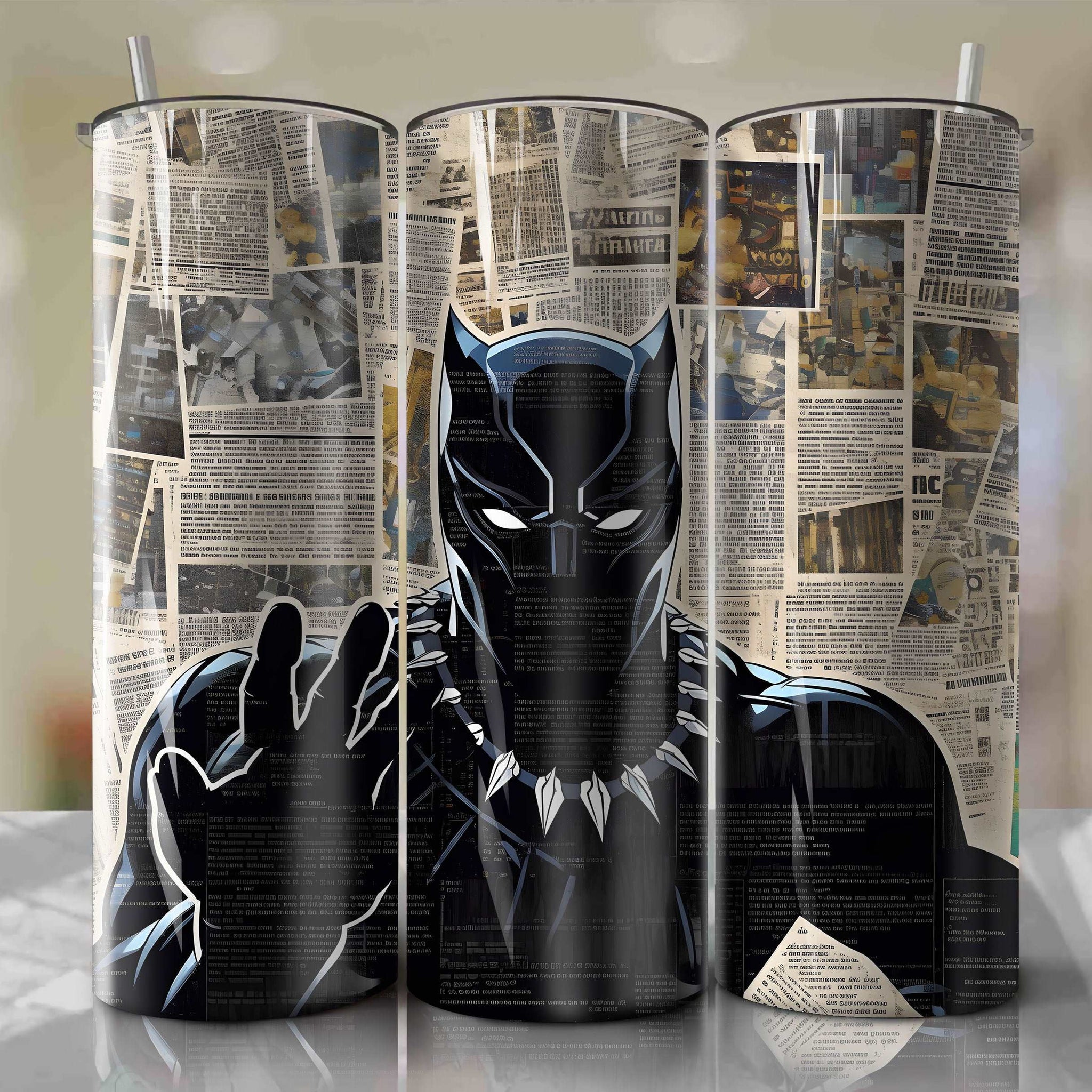 Black Panther cartoon | Newspaper | Wrap PNG Skinny Tumbler 20oz | Sublimation | Digital Download