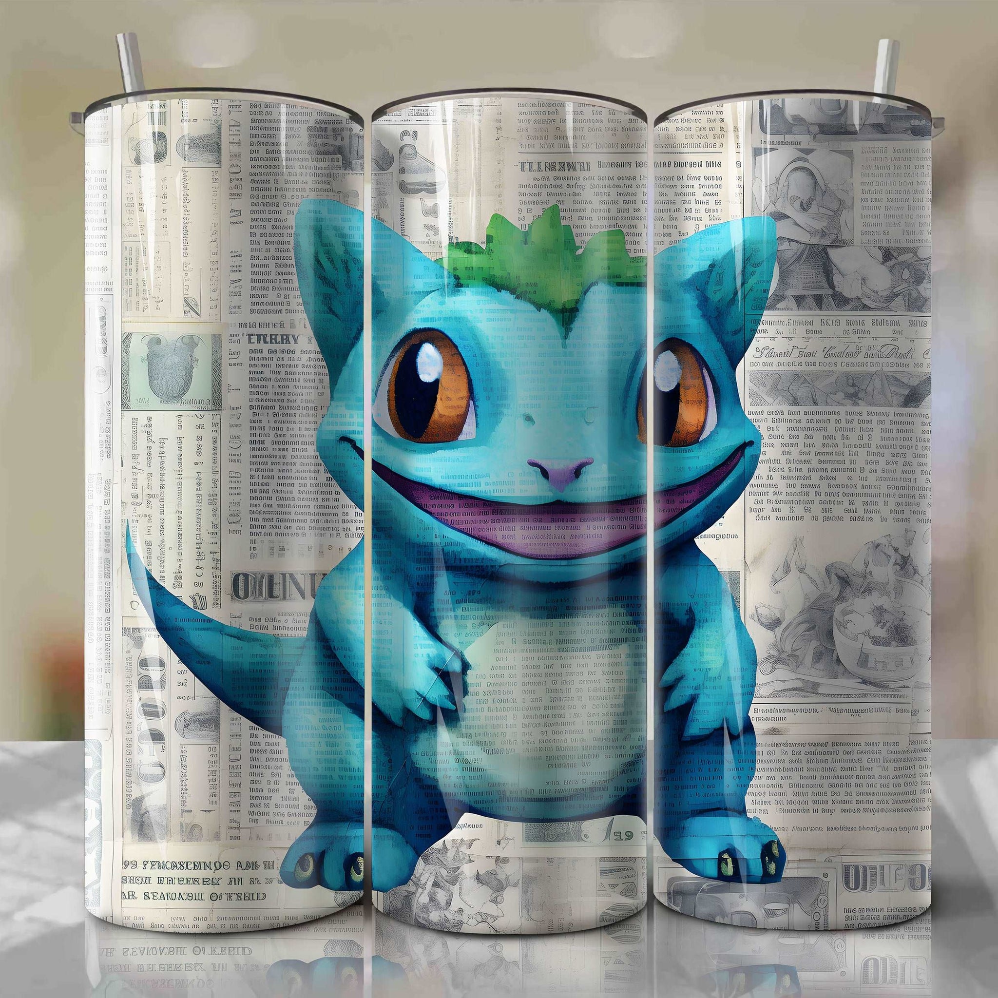 Bulbasaur cartoon | Newspaper | Wrap PNG Skinny Tumbler 20oz | Sublimation | Digital Download