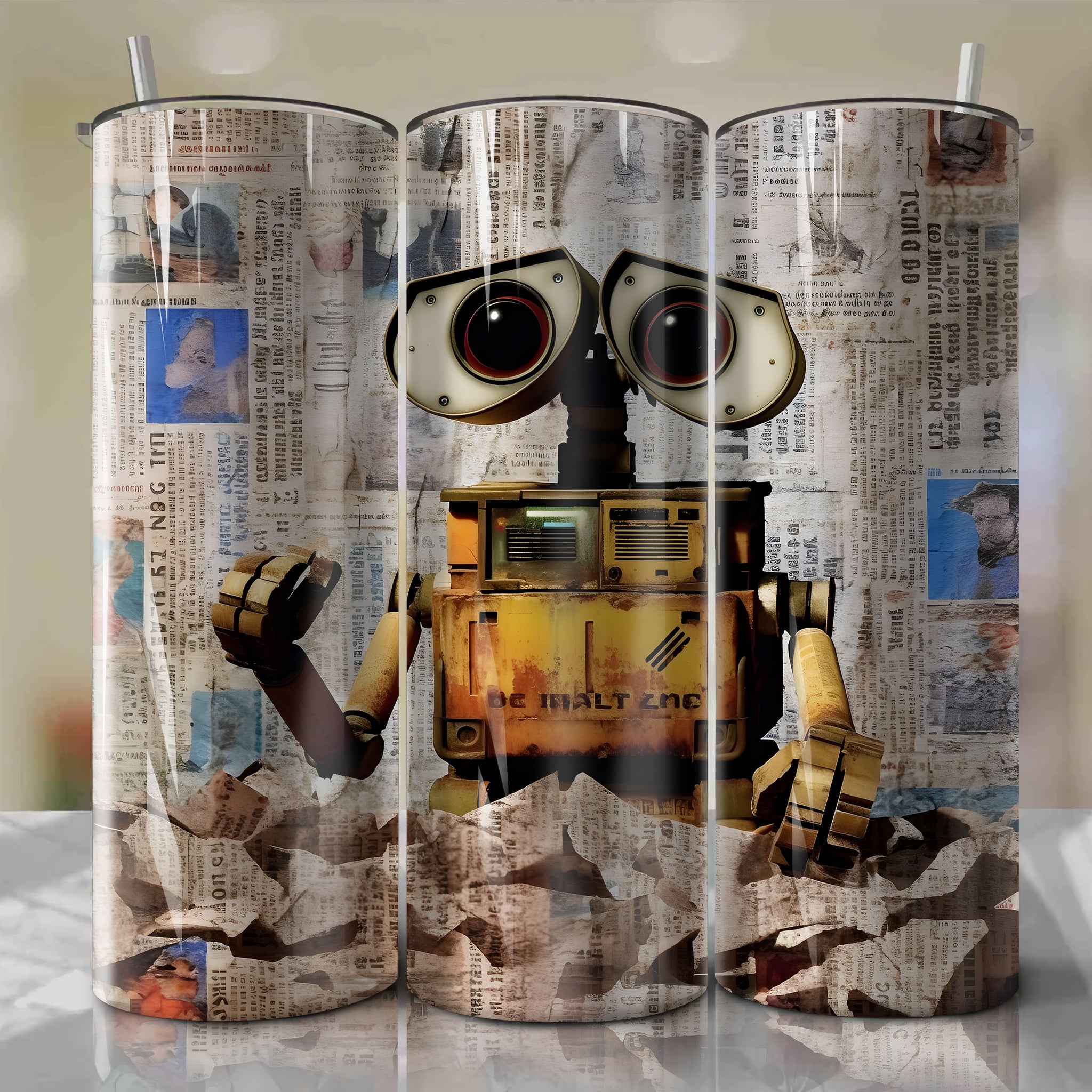 Wall-E cartoon | Newspaper | Wrap PNG Skinny Tumbler 20oz | Sublimation | Digital Download