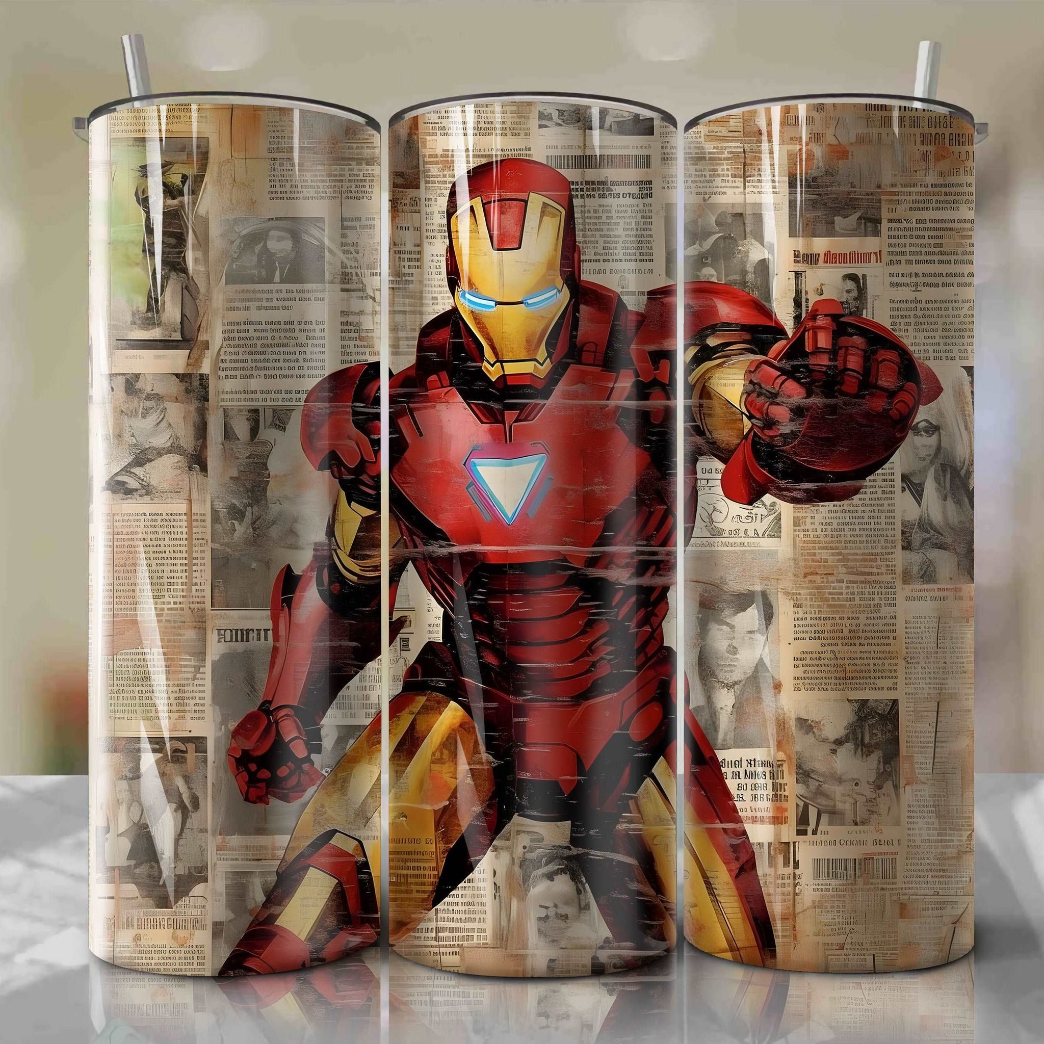 Iron Man cartoon | Newspaper | Wrap PNG Skinny Tumbler 20oz | Sublimation | Digital Download