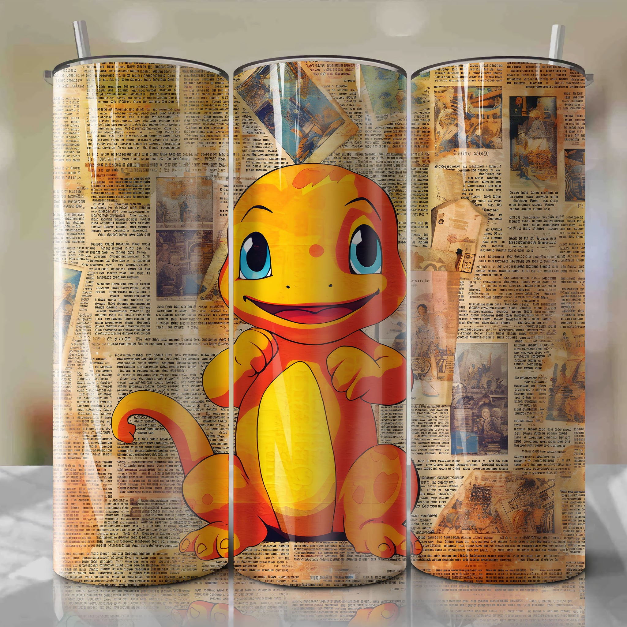 Charmander cartoon | Newspaper | Wrap PNG Skinny Tumbler 20oz | Sublimation | Digital Download