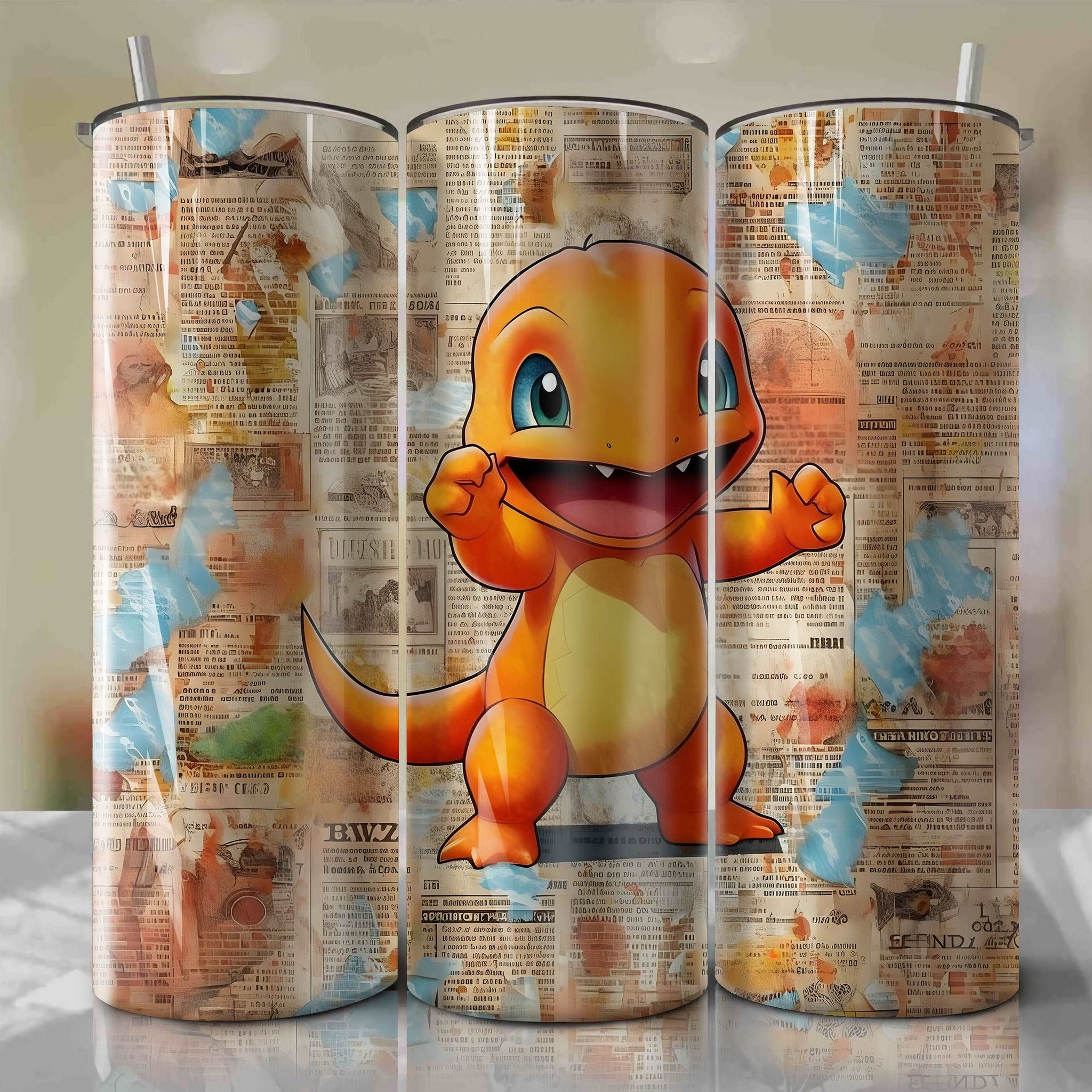 Charmander cartoon | Newspaper | Wrap PNG Skinny Tumbler 20oz | Sublimation | Digital Download