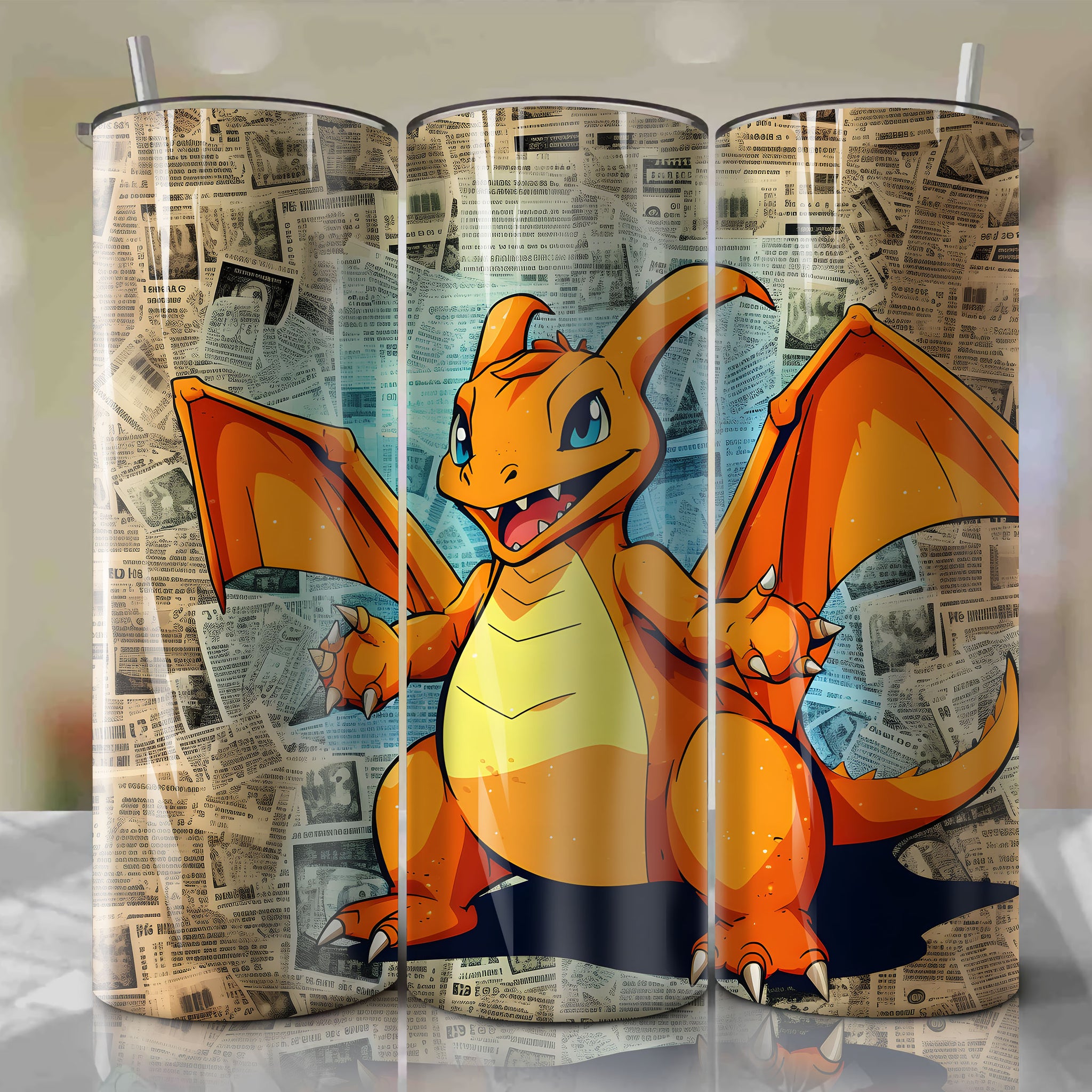 Charizard cartoon | Newspaper | Wrap PNG Skinny Tumbler 20oz | Sublimation | Digital Download