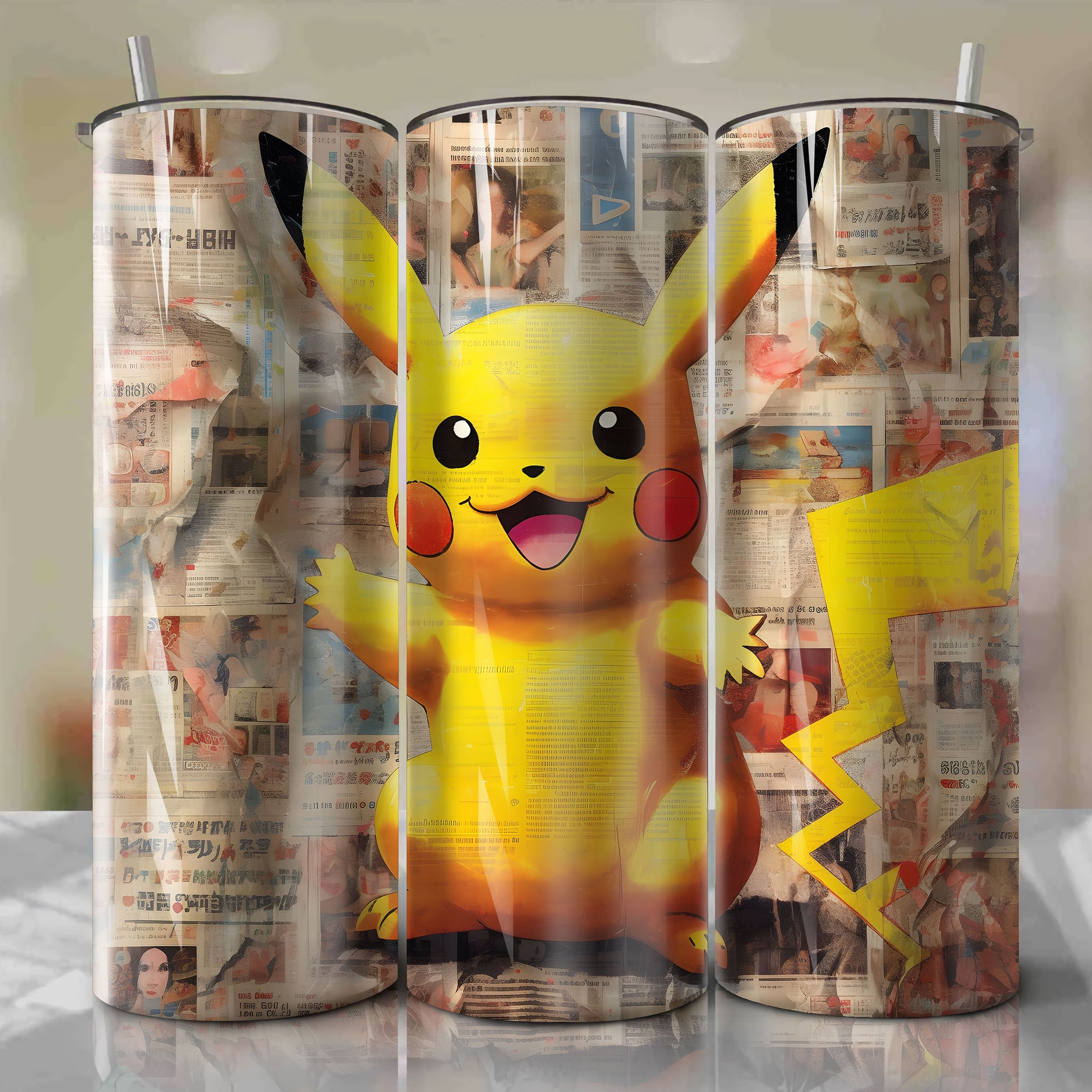 Pikachu cartoon | Newspaper | Wrap PNG Skinny Tumbler 20oz | Sublimation | Digital Download