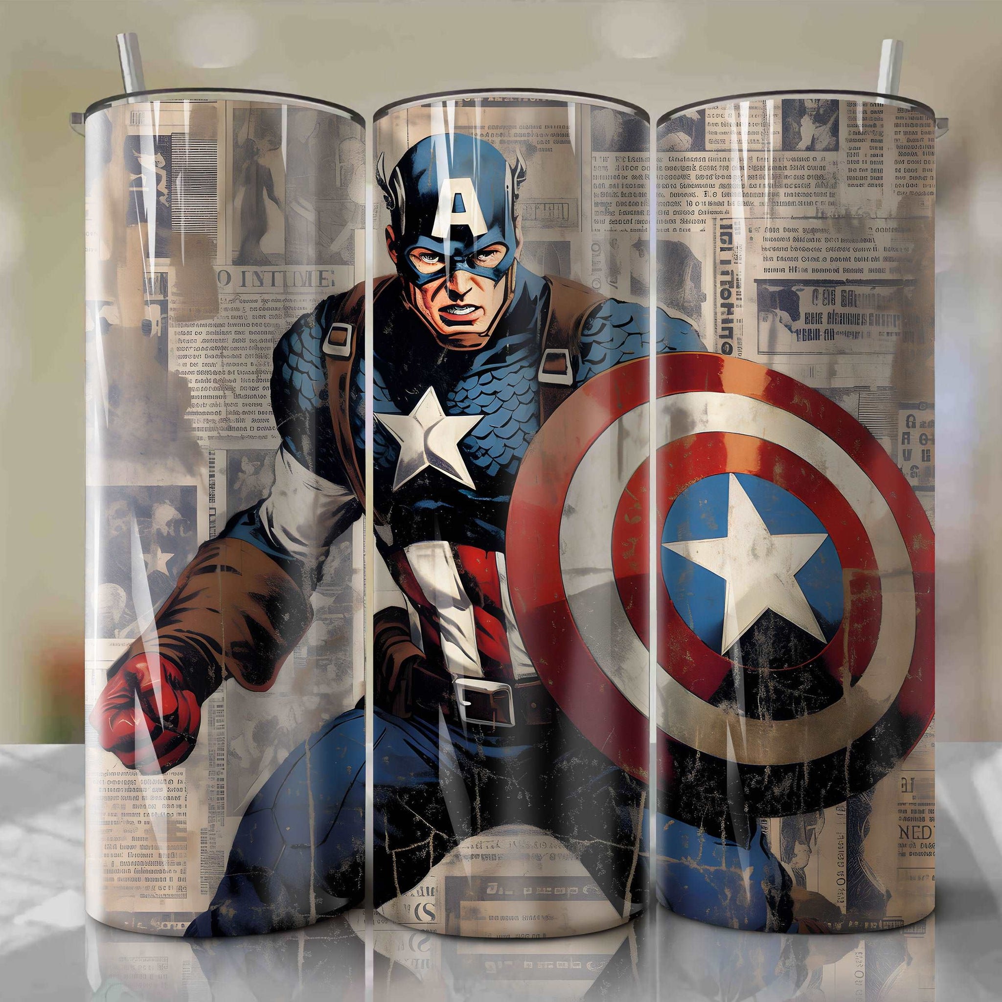 Captain America cartoon | Newspaper | Wrap PNG Skinny Tumbler 20oz | Sublimation | Digital Download