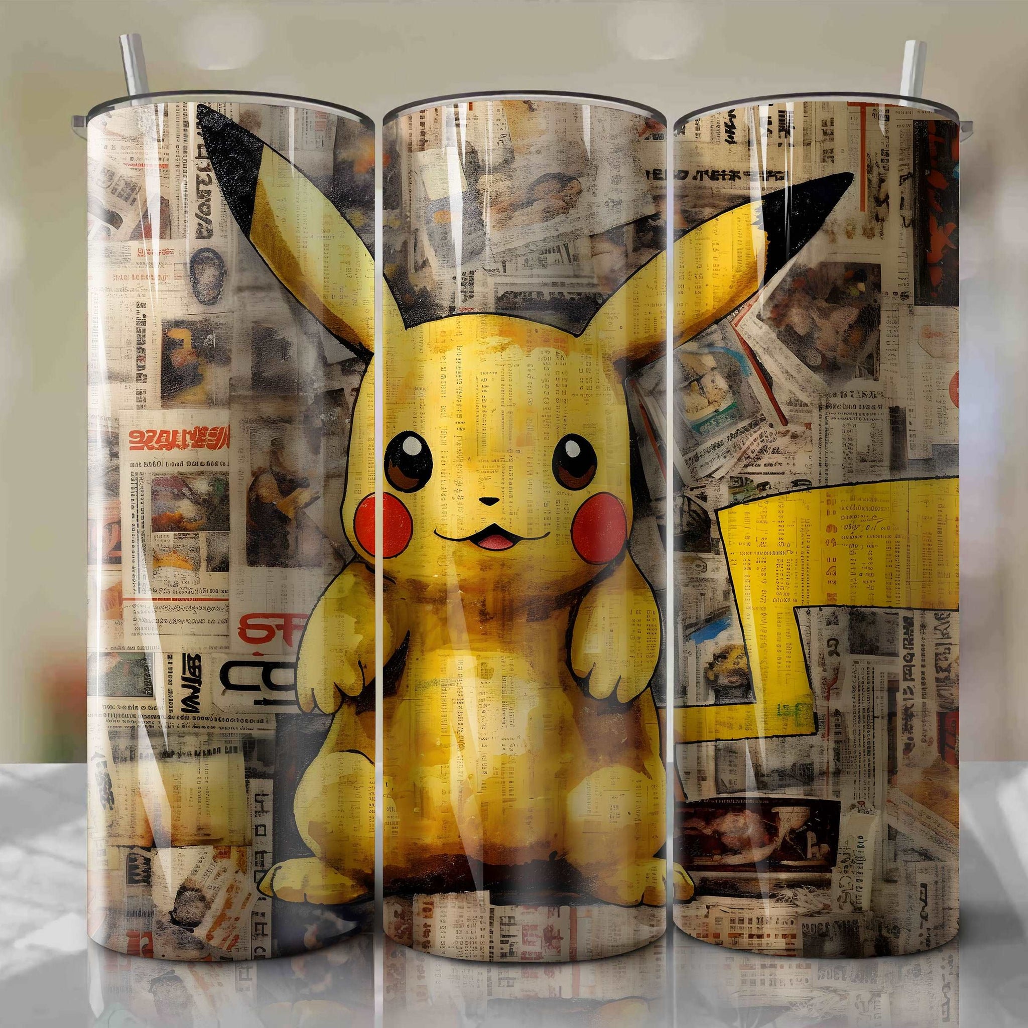 Pikachu cartoon | Newspaper | Wrap PNG Skinny Tumbler 20oz | Sublimation | Digital Download