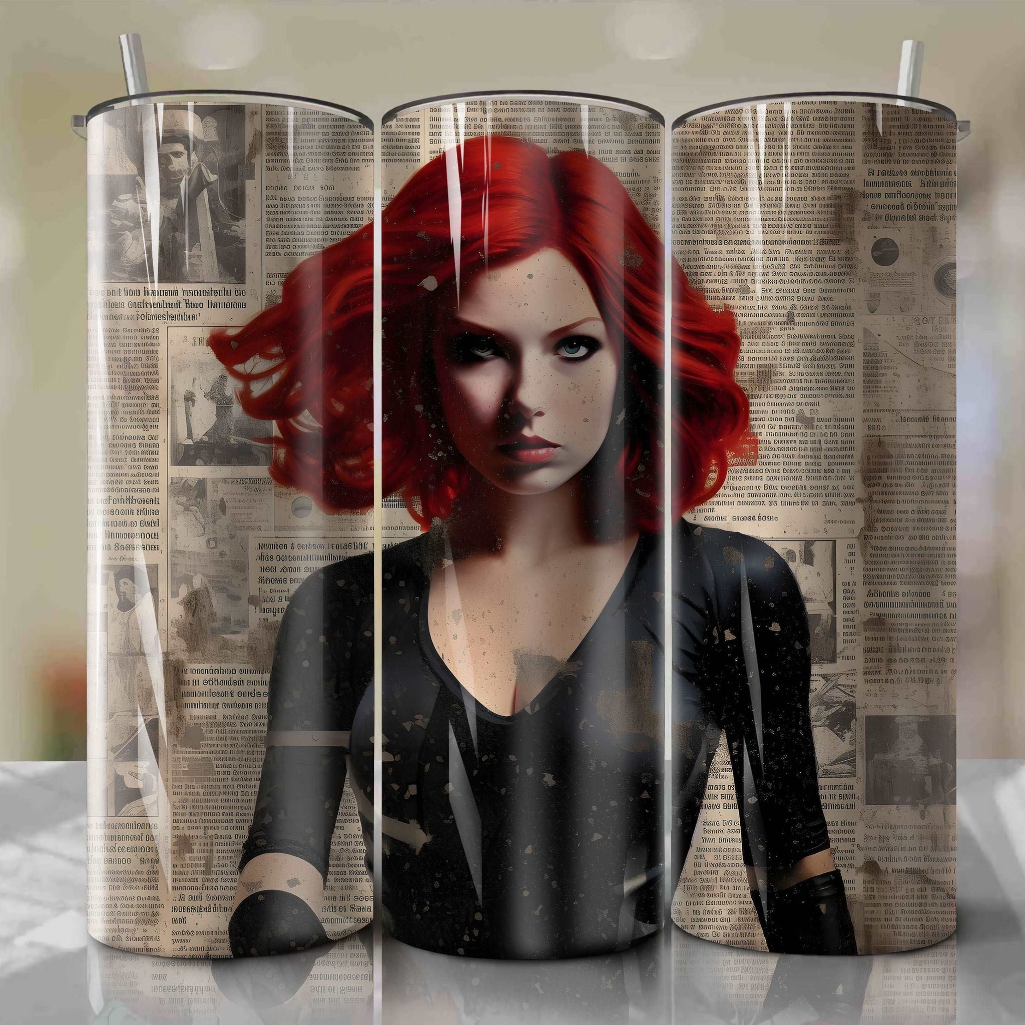 Black Widow cartoon | Newspaper | Wrap PNG Skinny Tumbler 20oz | Sublimation | Digital Download