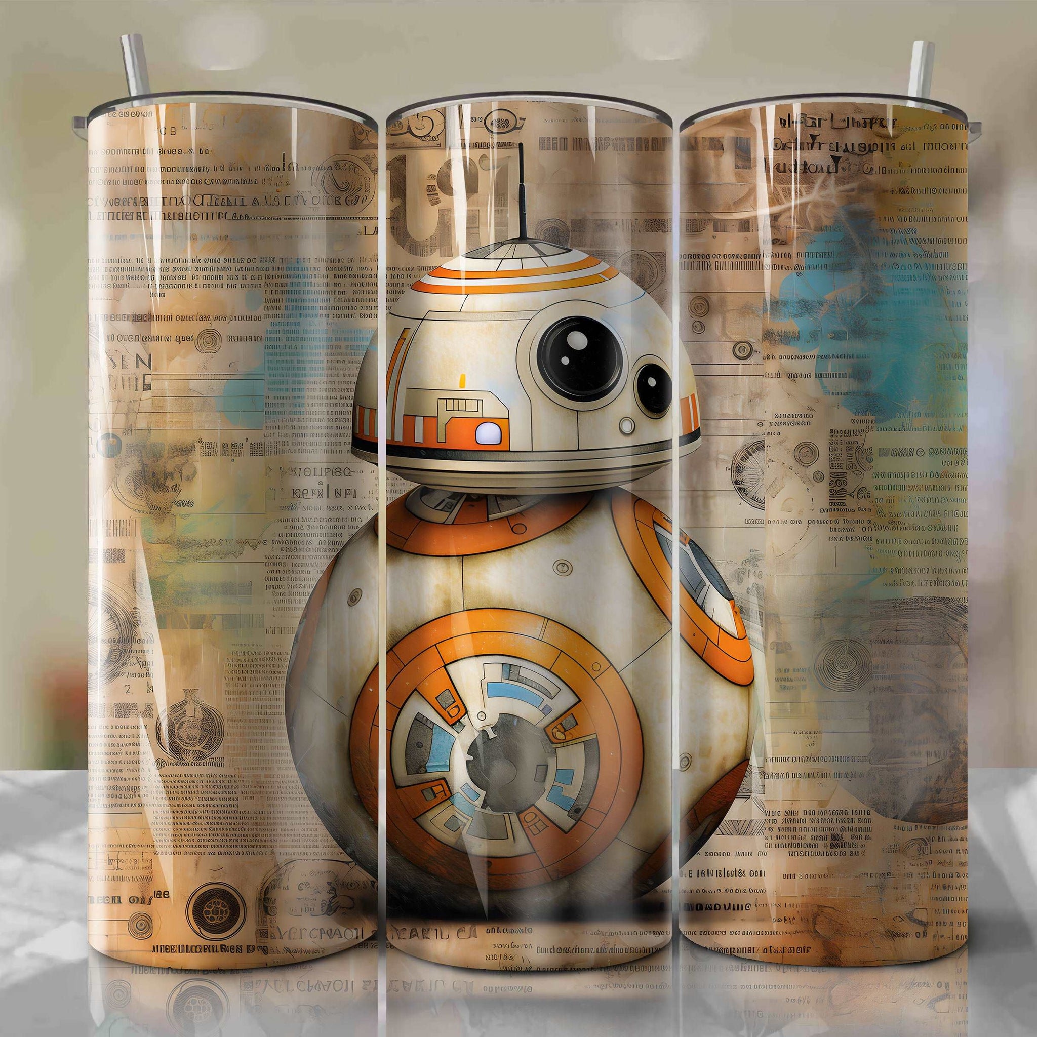 BB-8 cartoon | Newspaper | Wrap PNG Skinny Tumbler 20oz | Sublimation | Digital Download