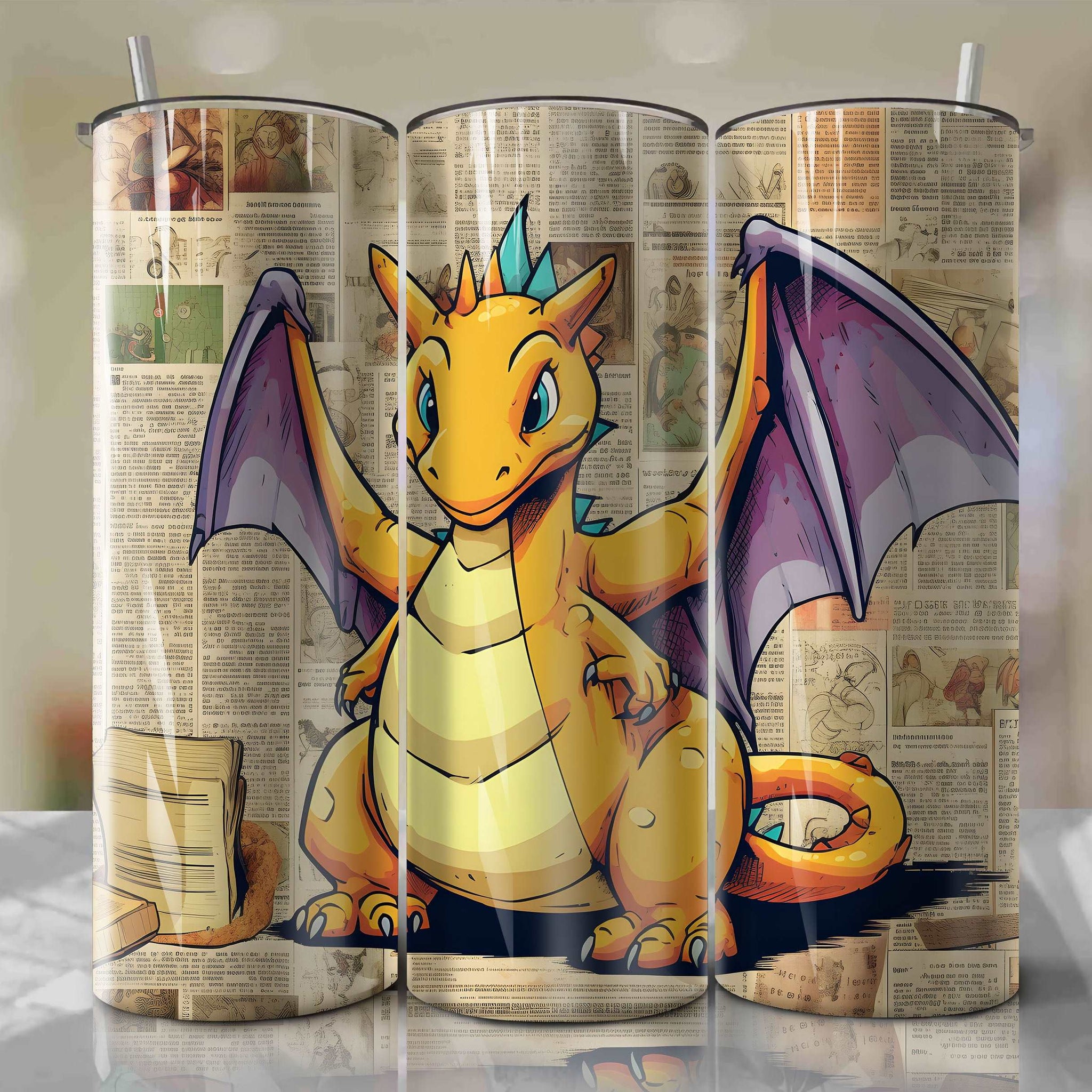 Dragonite cartoon | Newspaper | Wrap PNG Skinny Tumbler 20oz | Sublimation | Digital Download