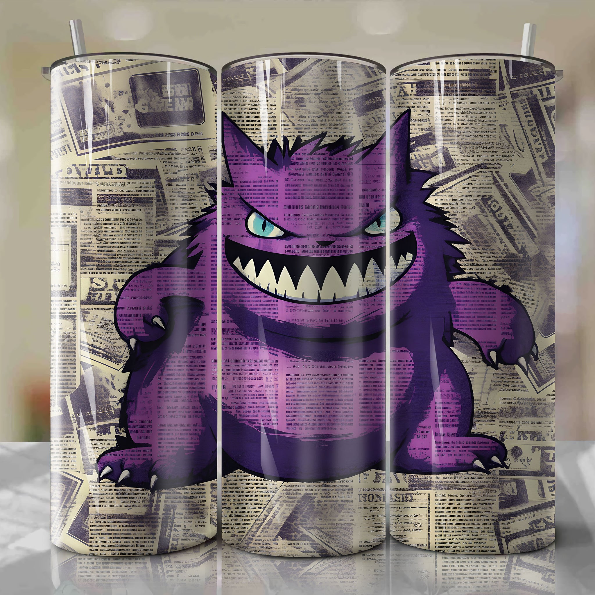 Gengar cartoon | Newspaper | Wrap PNG Skinny Tumbler 20oz | Sublimation | Digital Download