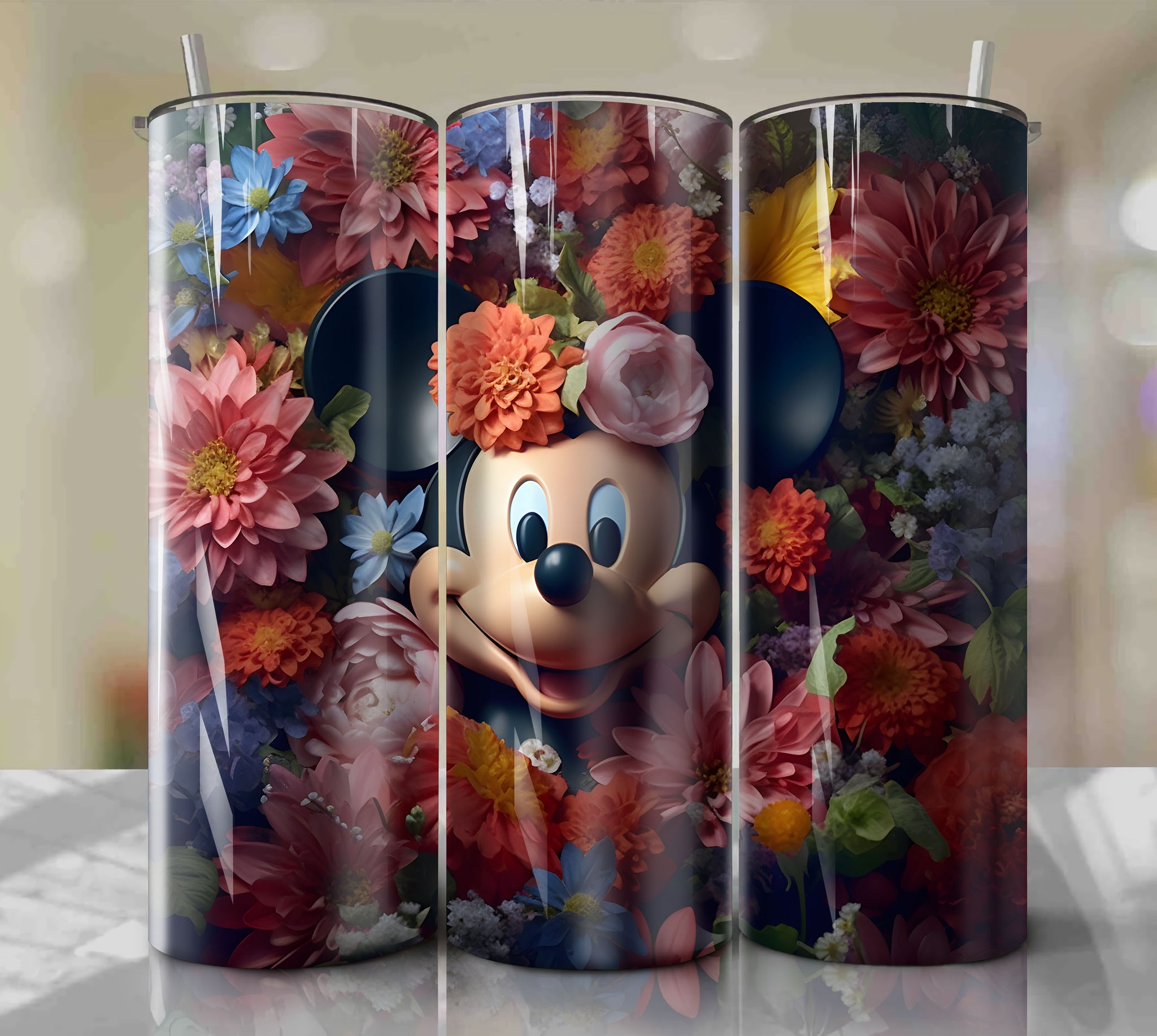 Mickey 3D Floral Wrap PNG for Skinny Tumbler 20oz | Digital Download