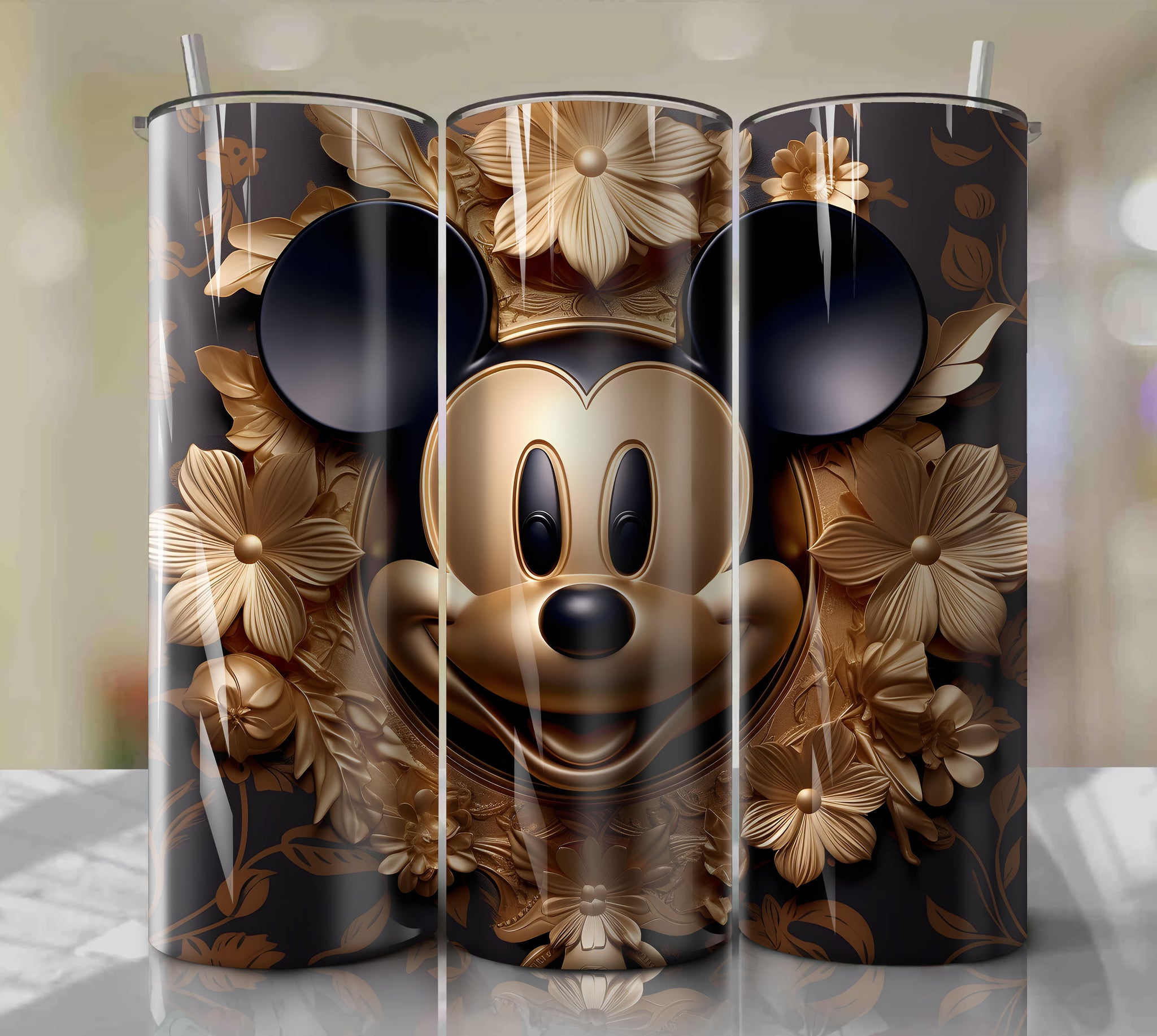 Digital Download: Mickey 3D Floral Skinny Tumbler Wrap PNG for Disney Lovers