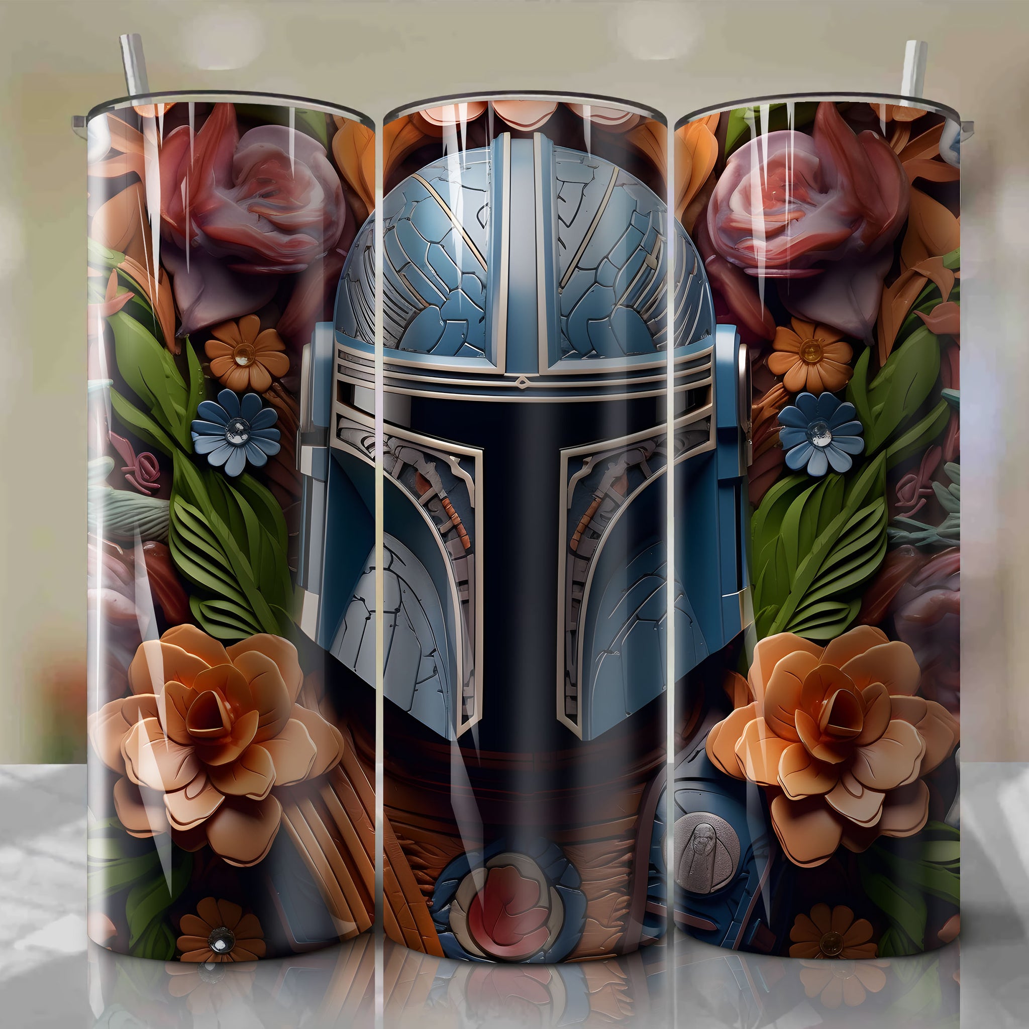 High-Quality Mandalorian 3D Floral Skinny Tumbler 20oz | Sublimation PNG