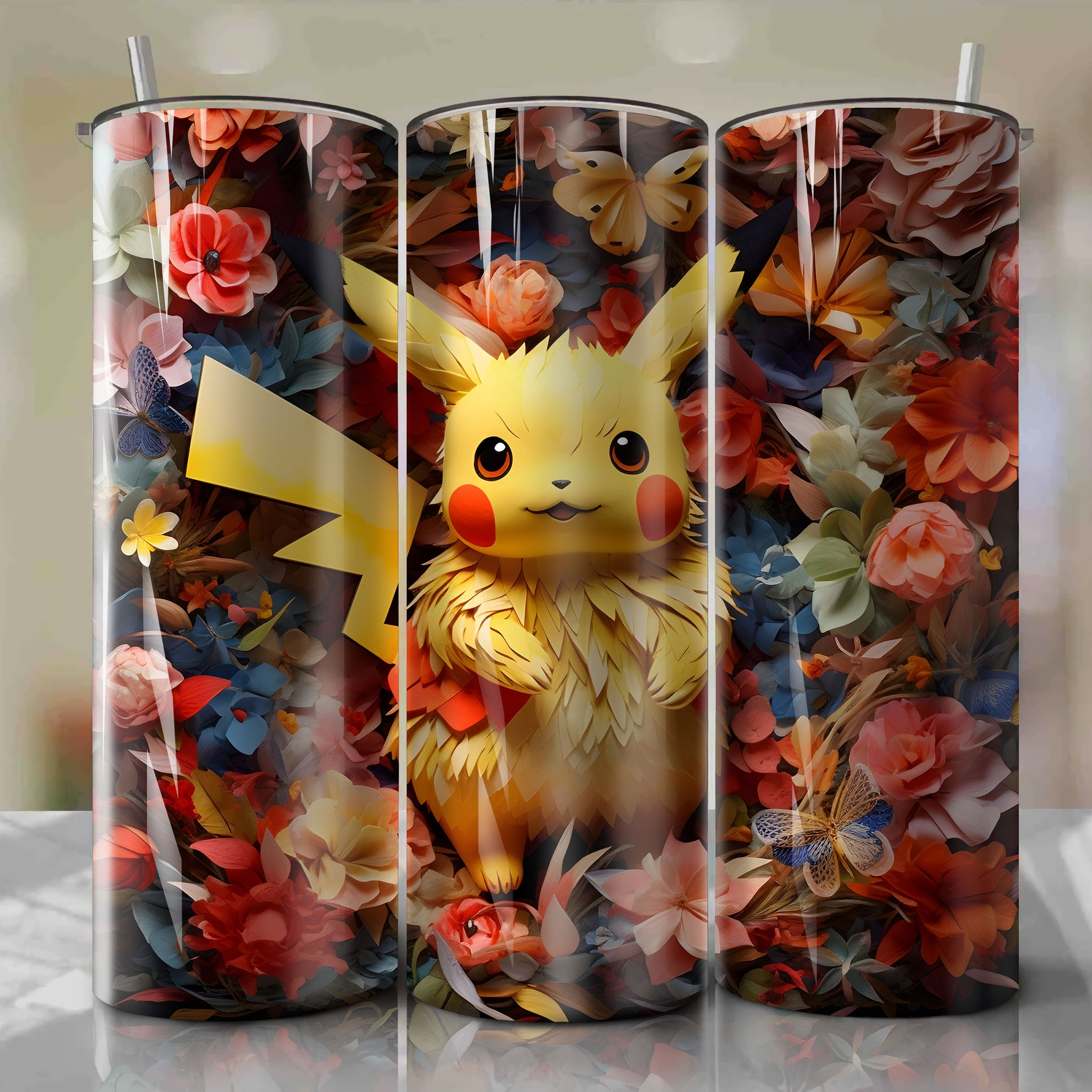 High-Quality Sublimation Skinny Tumbler Wrap with Pikachu 3D Floral Artwork