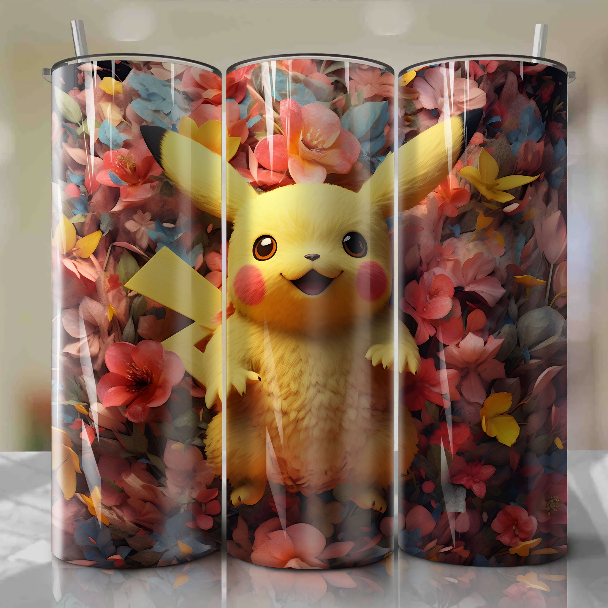 Pikachu 3D Floral Design Sublimation File - Skinny Tumbler 20oz Wrap PNG